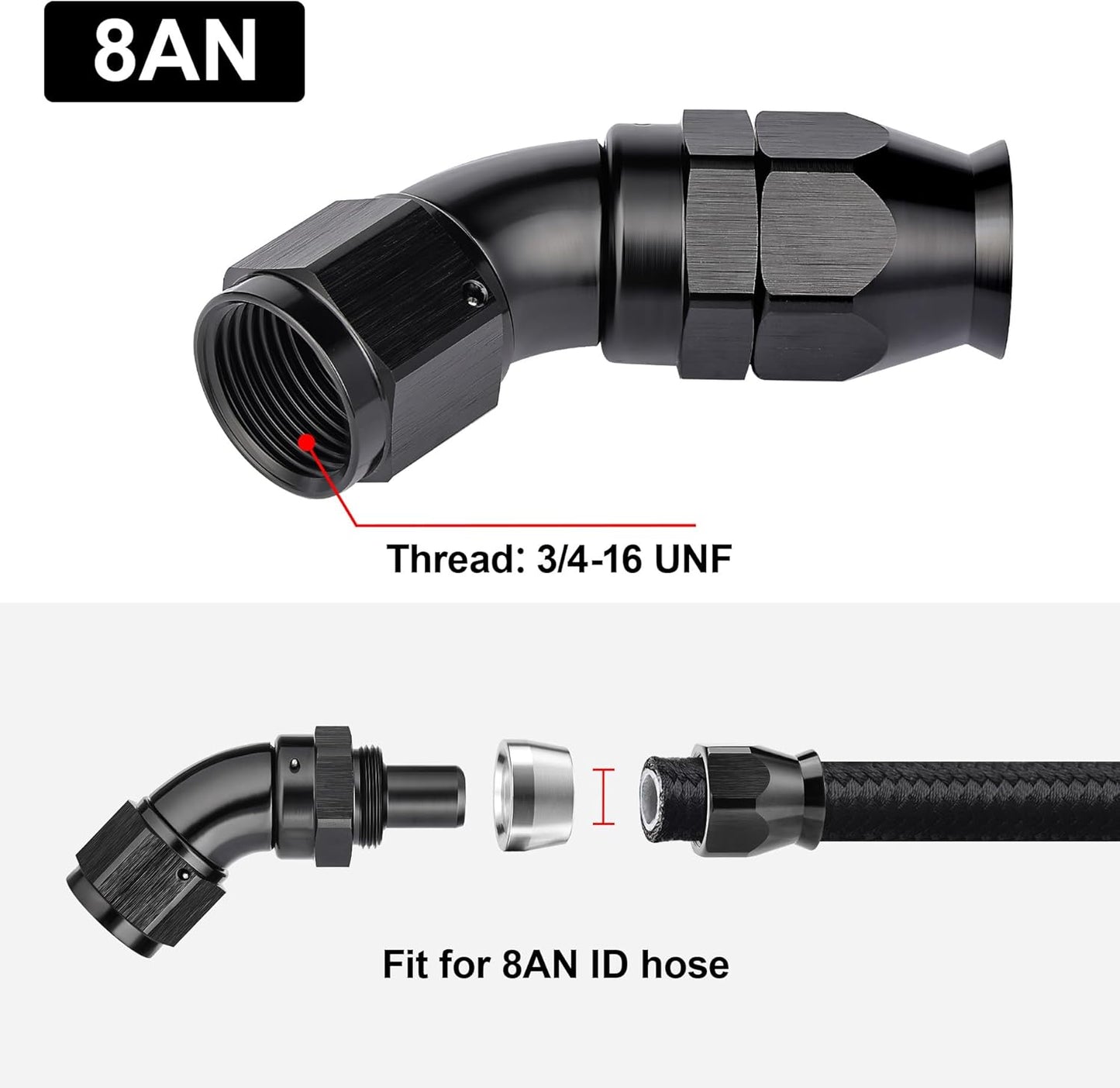 EVIL ENERGY 8AN 45 Degree PTFE One Piece Full Flow End Hose Fitting Aluminum Black