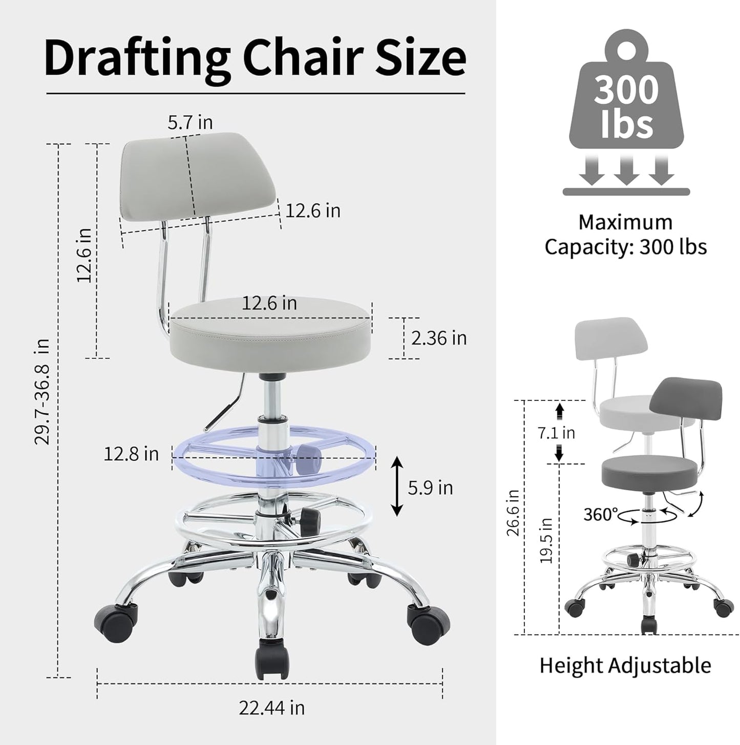 Drafting Stool (Height Adjustable Office Chair with Footrest 19.5’’-26.6’’)(Drum Stool with Back) Space Saving Tattoo Chair (Gray)