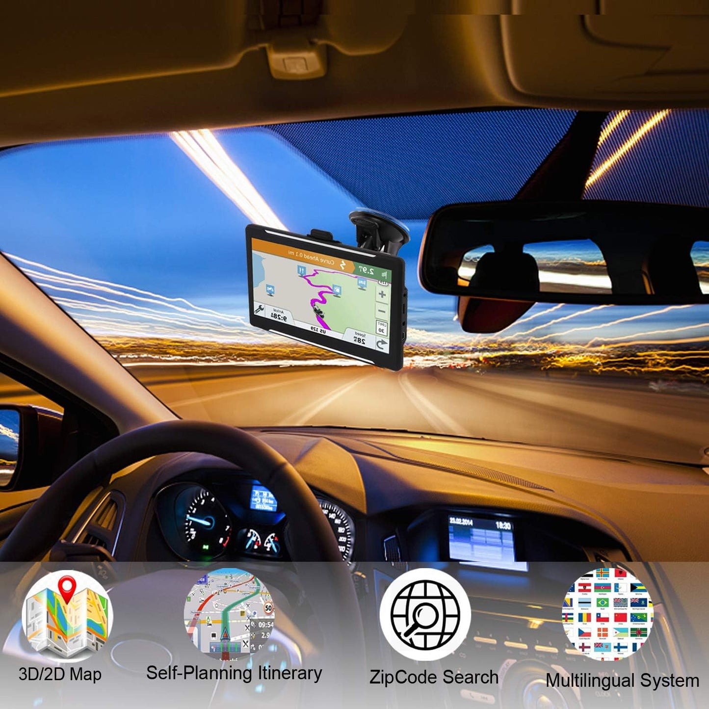 GPS Navigator for Car Truck RV, Latest 2025 Map(Free Lifetime Updates) 7 inch Touch Screen Car GPS, Support Voice Turn Direction Guidance/Speed and Red Light Warning/Custom Truck Routing