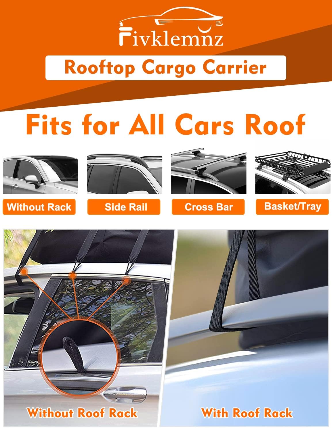 FIVKLEMNZ 21 Cubic Car Rooftop Cargo Carrier Roof Bag Waterproof for All Top of Vehicle with/Without Rack Includes Topper Anti-Slip Mat + Reinforced Straps + 6 Door Hooks + Luggage Lock