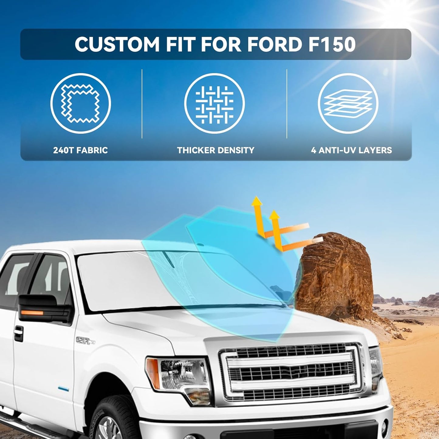 for Ford f150 2012-2014 Windshield Sun Shade - 4 Layers Car Sunshades for Front Windows Shade Cover Custom Fit f150 Sun Visor 240T Retractable Shade Blocks UV Rays Car Accessories