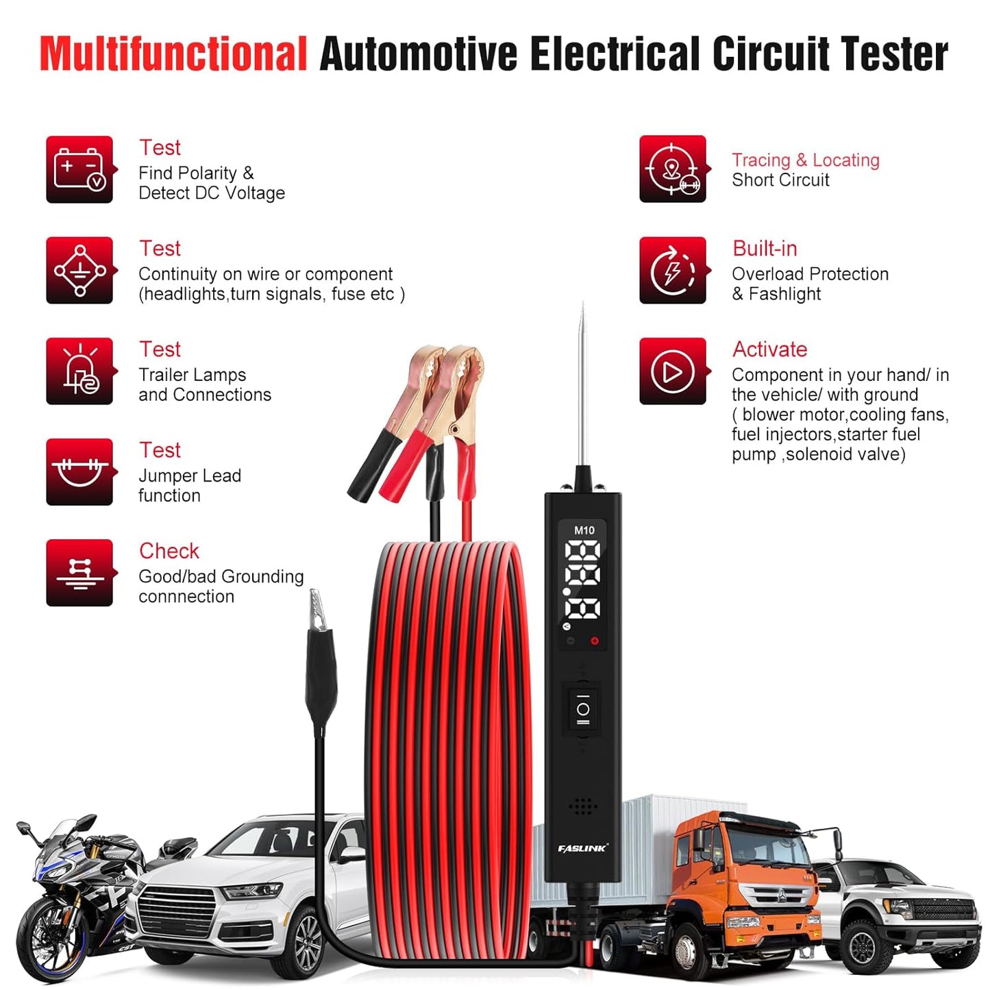 Car Circuit Tester, 12V & 24V DC Automotive Test Light, LED Power Circuit Probe Tester, Fuse Voltage Tester, Short Circuit Finder Component Activation Continuity Tester