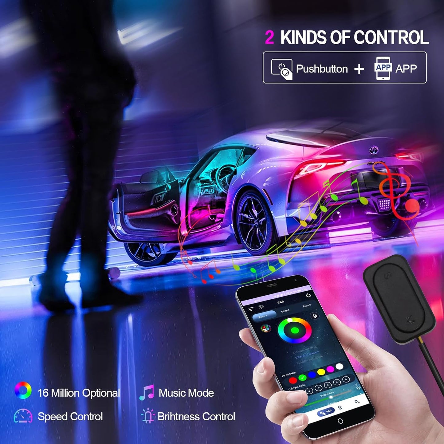 New Version Acrylic Car Dreamcolor Ambient Lighting Kit 14 in 1 LED Interior Car Strip Lights APP Control Zoned Control System 252 Color Modes DIY Neon Wireless Sound Activated RGB Light Bar