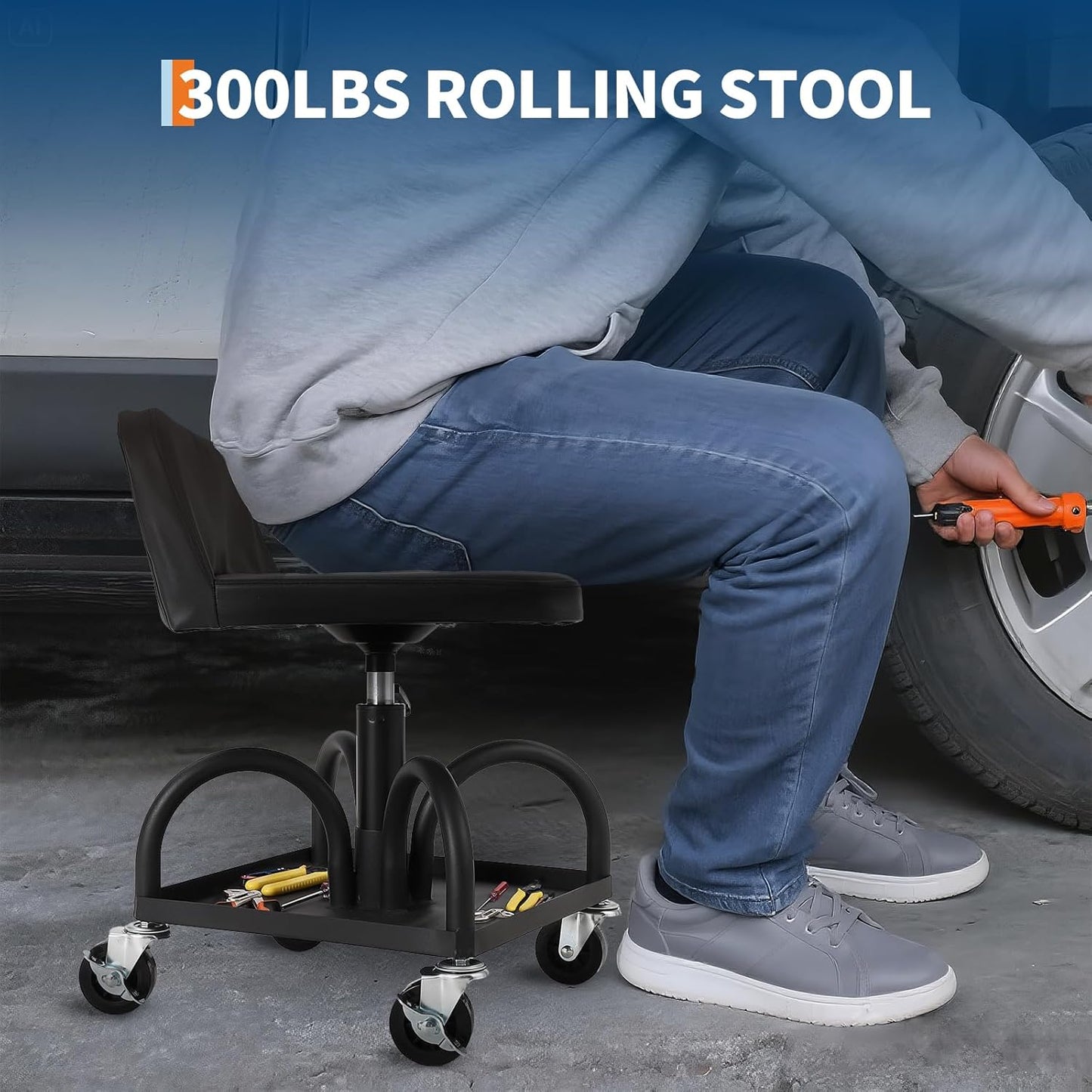 Garage Stool, 19”-25” Adjustable Rolling Mechanic Stool with Universal Wheels, Removable Magnetic Tool Tray, 300LBS Capacity, Roller Creeper Seat, Shop Chair