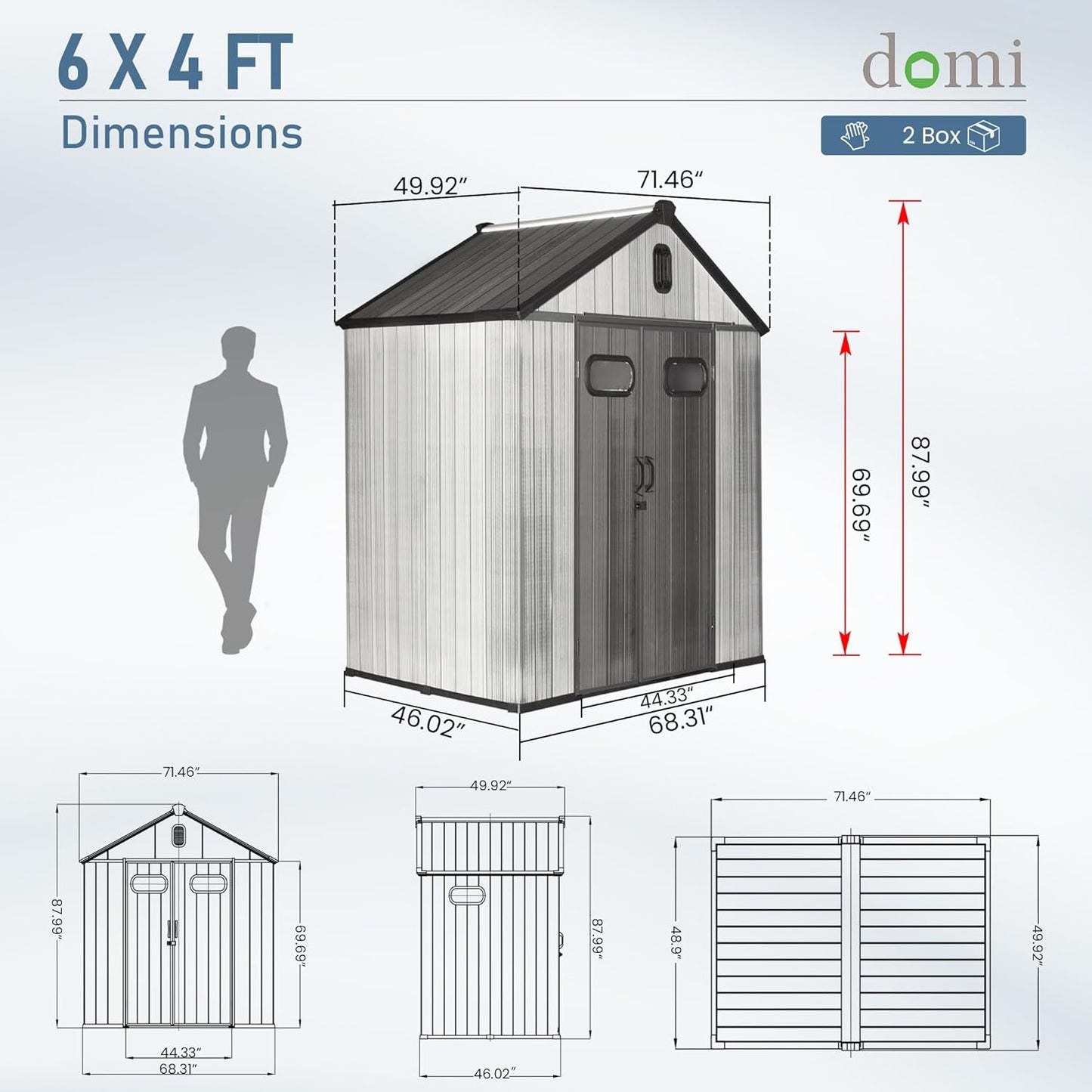 Domi 6x4 FT Outdoor Resin Storage Shed, All-Weather Double-Wall Storage Building for Backyard, Garden, Lawn Tools, Mower, Bike & Pool Equipment, Lockable Doors, Ventilated Roof, Grey