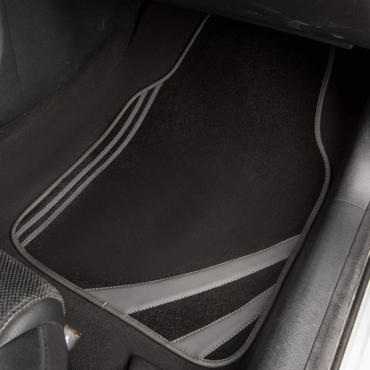 CAR PASS Carpet Car Floor Mats, Edge Leather Waterproof Car Mats with Double Stitch Line and Anti-Slip Backing Design, Fit 95% Automotive,SUVS,Sedan,Vans (Black and Gray)