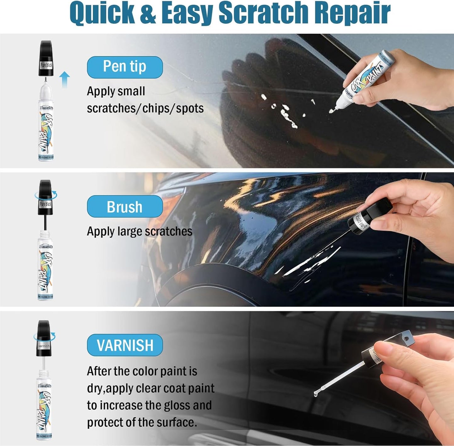 Black Touch Up Paint for Cars, Car Paint Scratch Repair Pen, Color Accurate Automotive Paint Quick and Easy Fix Vehicles Chip Rim Scuff Repair