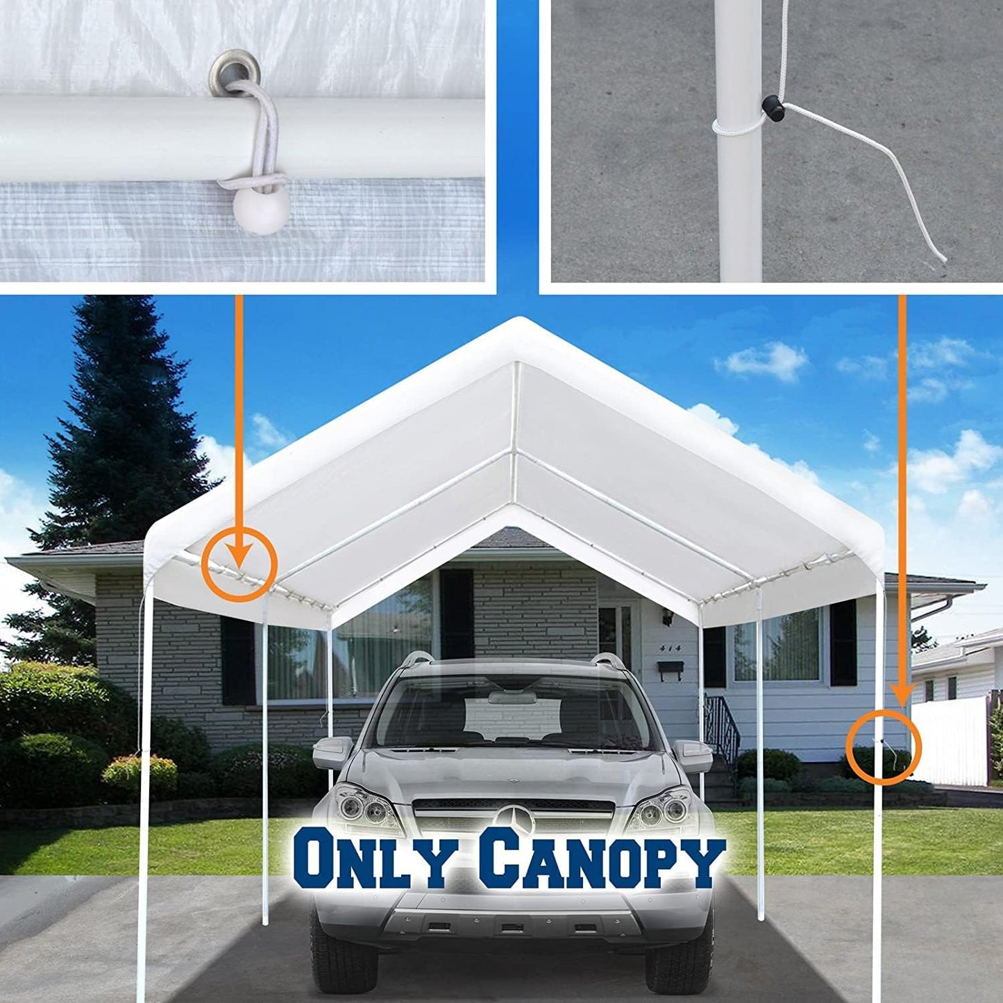 10'x20' Carport Replacement Top Canopy Cover for Car Garage Shelter Tent Party Tent with Ball Bungees White (Only Top Cover, Frame is not Included)
