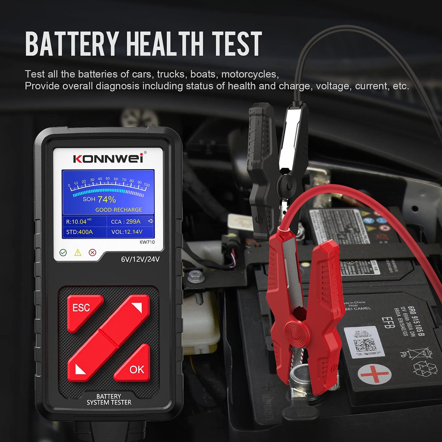 KONNWEI KW710 Car Battery Tester 6V 12V 24V, Battery Load Tester Automotive 100-2000CCA Digital Auto Battery Analyzer Alternator Starter Tester for Car Truck Motorcycle Marine ATV SUV