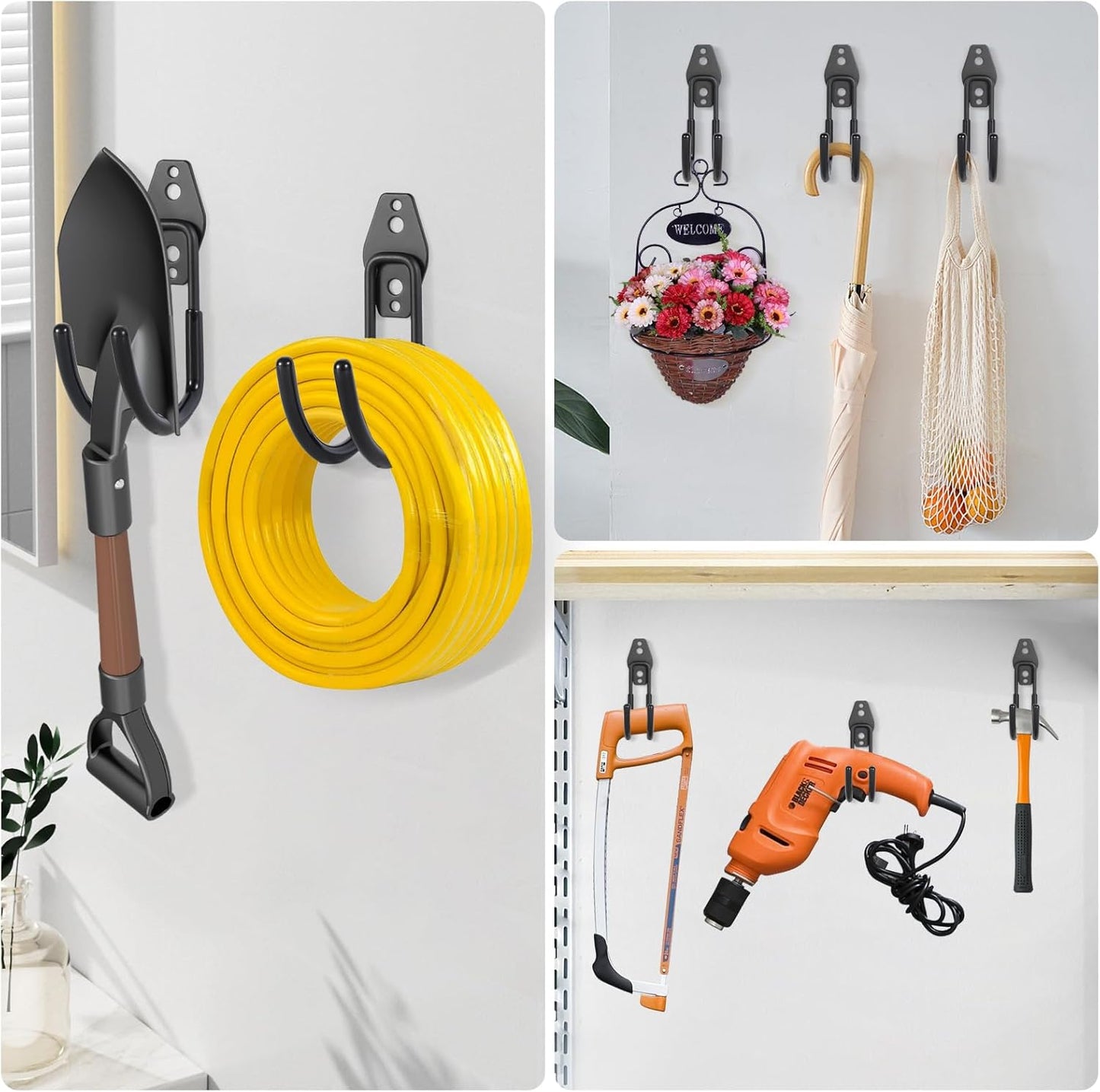 Garage Tool Hooks Wall Mount, 6 Pack Heavy Duty Storage Hooks for Garden Tools, Wall Hooks for Garden Hoses, Brooms, Ladders, Garage Storage and Organization Accessories