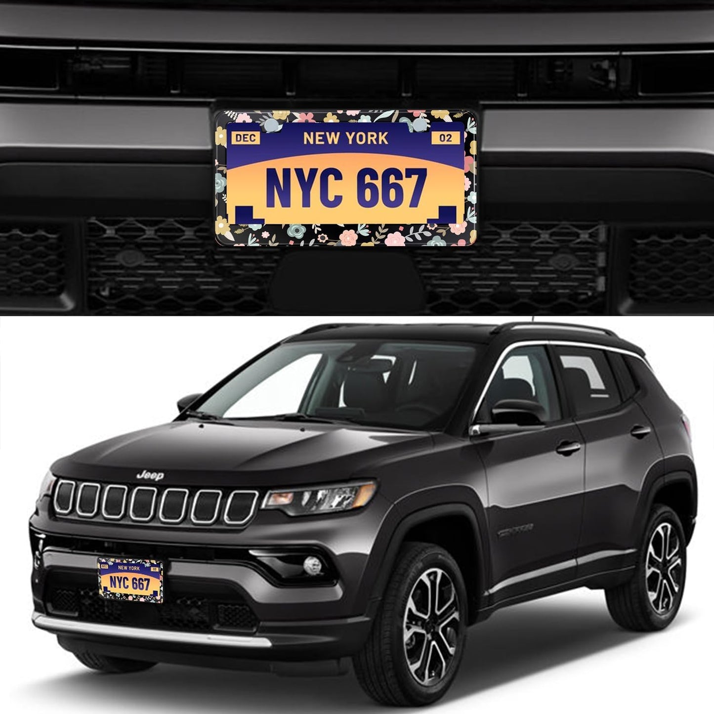 Black Cute Cartoon Floral License Plate Frame Colorful Flowers Stainless Steel License Plate Holder Auto Parts Decoration with Screws License Plate Holder 12x6 Inch for Women Gift Car Accessories