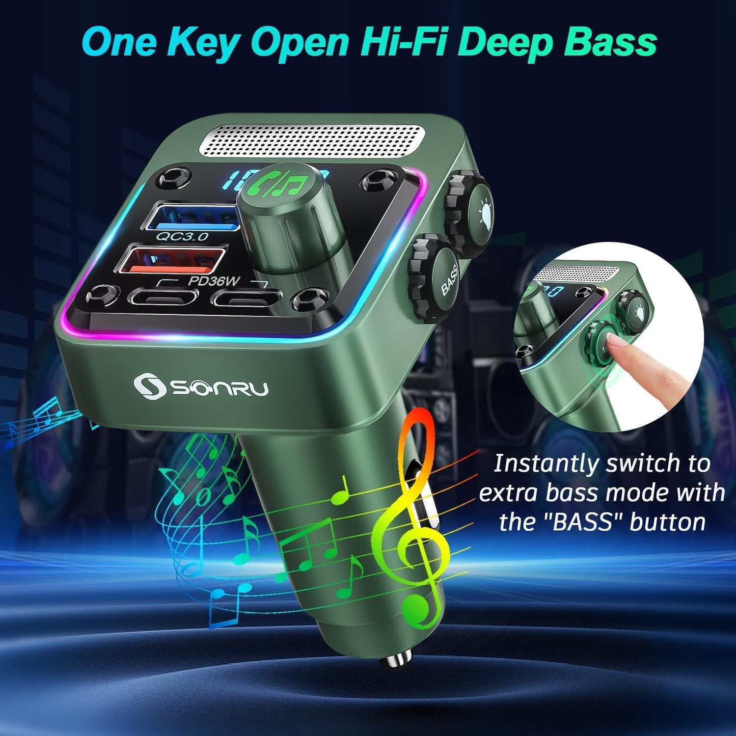 Bluetooth 5.3 FM Transmitter Car Adapter - SONRU Car Charger 54W [PD 36W & QC3.0 18W], Wireless FM Radio Transmitter [HiFi Treble & Bass Player], 5 Colors LED Backlit, Hands-Free Calling, U-Disk