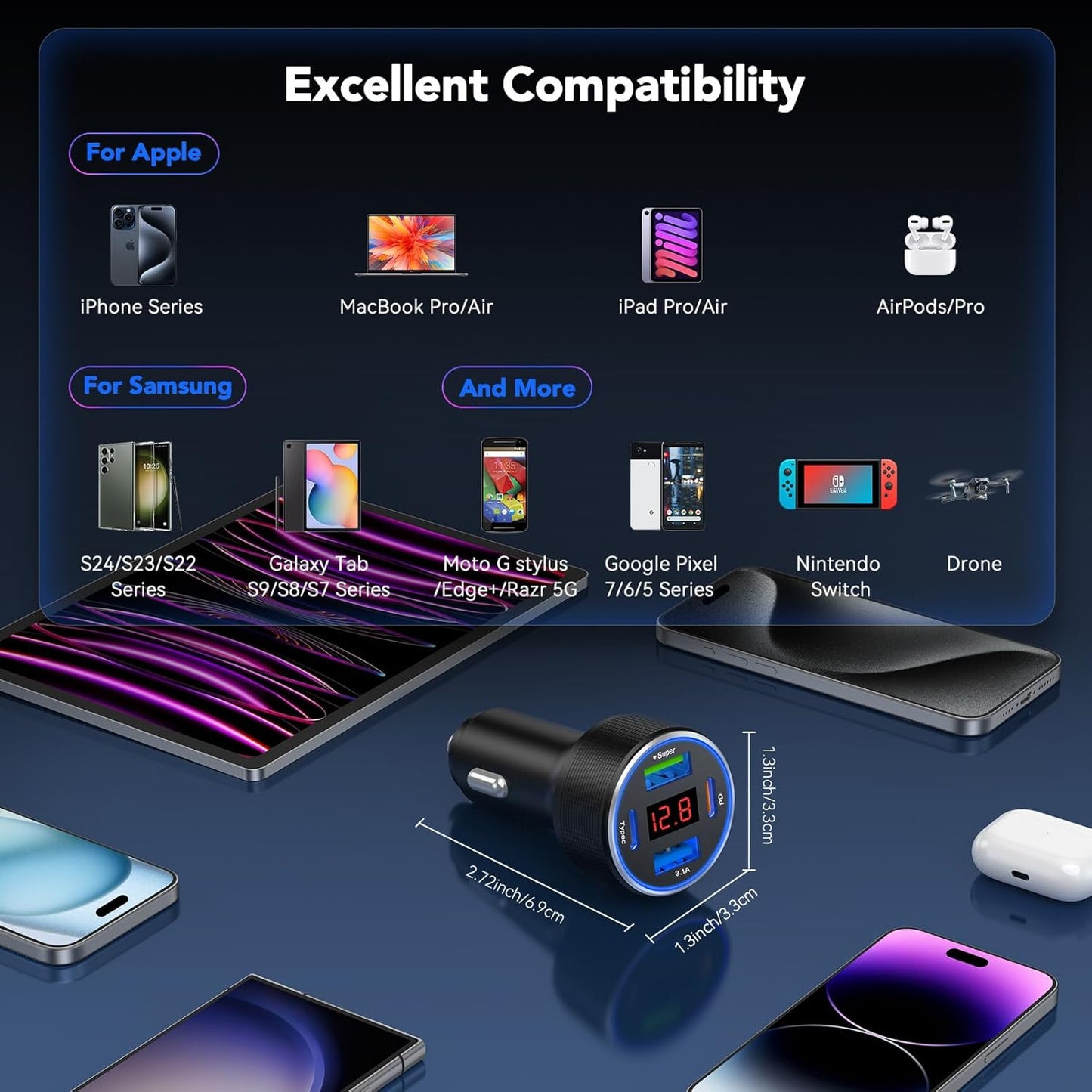 USB C Car Charger, 4 Port 78W Dual USB Car Charger Adapter Fast Charging Multi Port Cigarette Lighter Adapter with Voltmeter Type C Phone Car Accessories for iPhone 16/15/14/13, Samsung Galaxy, iPad