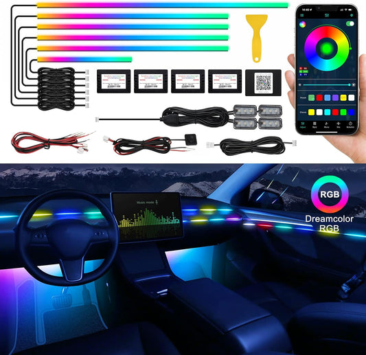 Dreamcolor Acrylic Interior Car LED Strip Light with Wireless APP, RGB 10 in 1 with 175 inches 593 LEDs Fiber Optic Ambient Lighting Kits, 16 Million Colors Sound Active Function Car Neon Lights
