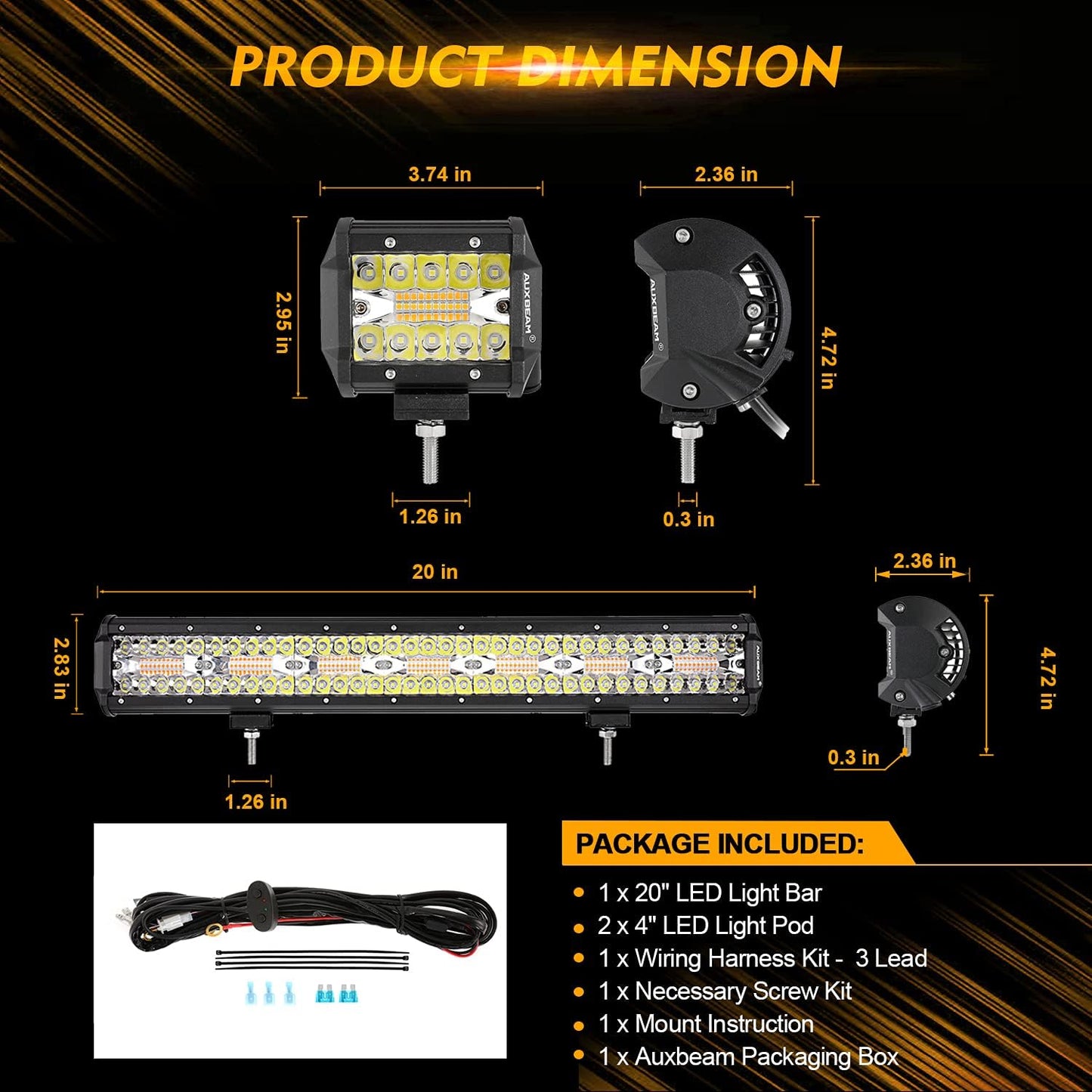 Auxbeam 20" 420W LED Light Bar w/ 2x 4" 120W Pods, Amber/White Strobe Off-Road Fog Lights, 6 Modes, Memory Reset, Spot/Flood, Yellow, Ditch Light for Truck Car ATV