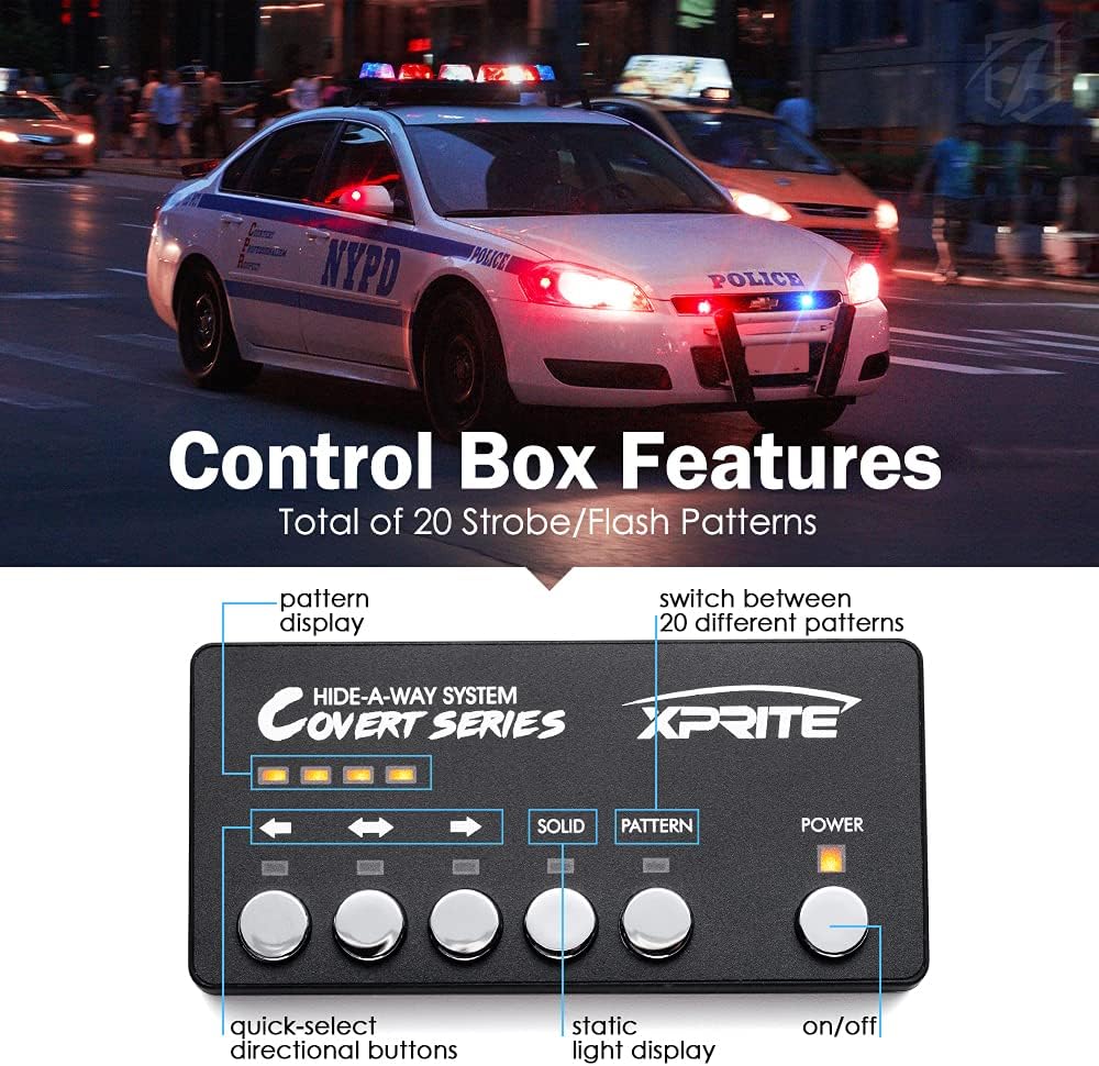 Xprite Red Blue LED Hideaway Strobe Police Lights Kit, 20 Flashing Patterns w/Control Panel for Headlights Taillights Hazard Warning Mounting, for Emergency Vehicles Volunteer Cop Cars Trucks, 4PCS