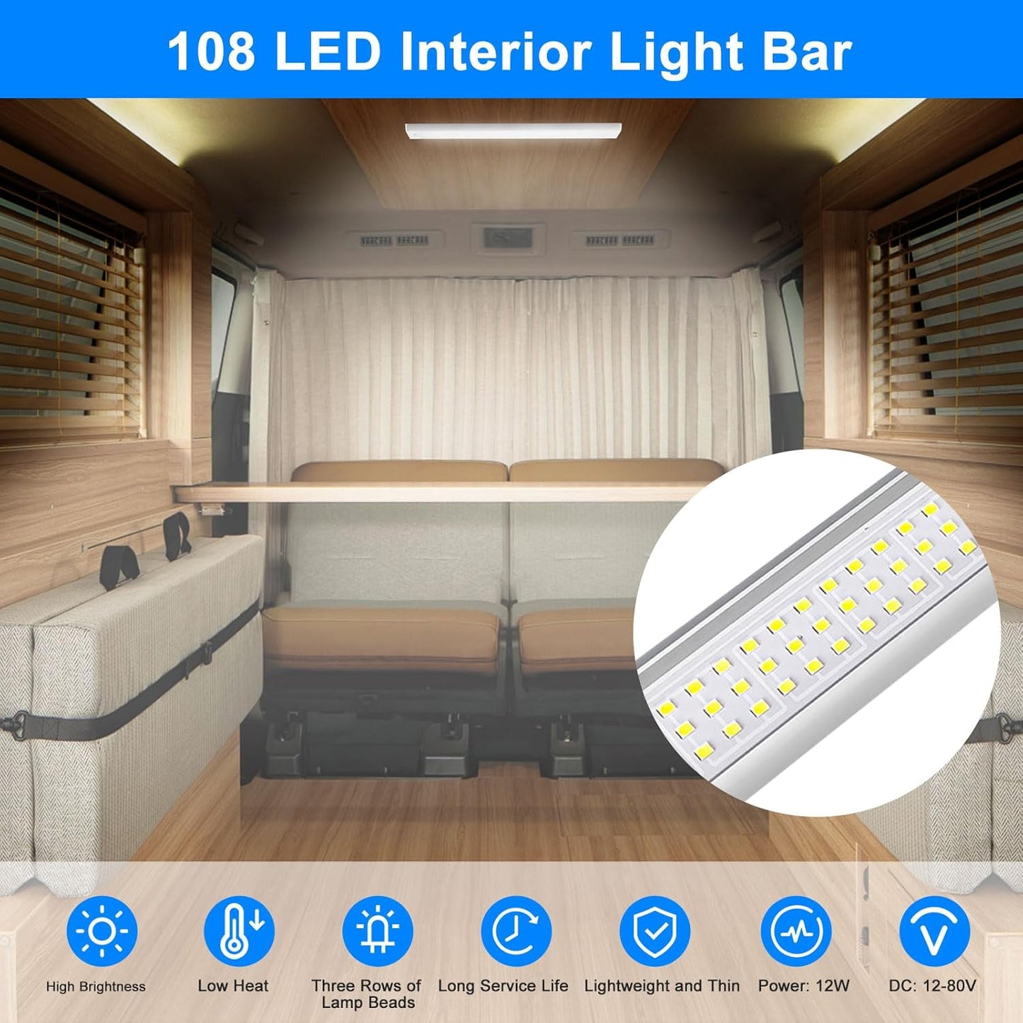 Linkstyle 4PCS 12V Interior LED Light Bar, 108 LEDs Light Strip Lights with Switch for Car Truck Camper Van RV, White