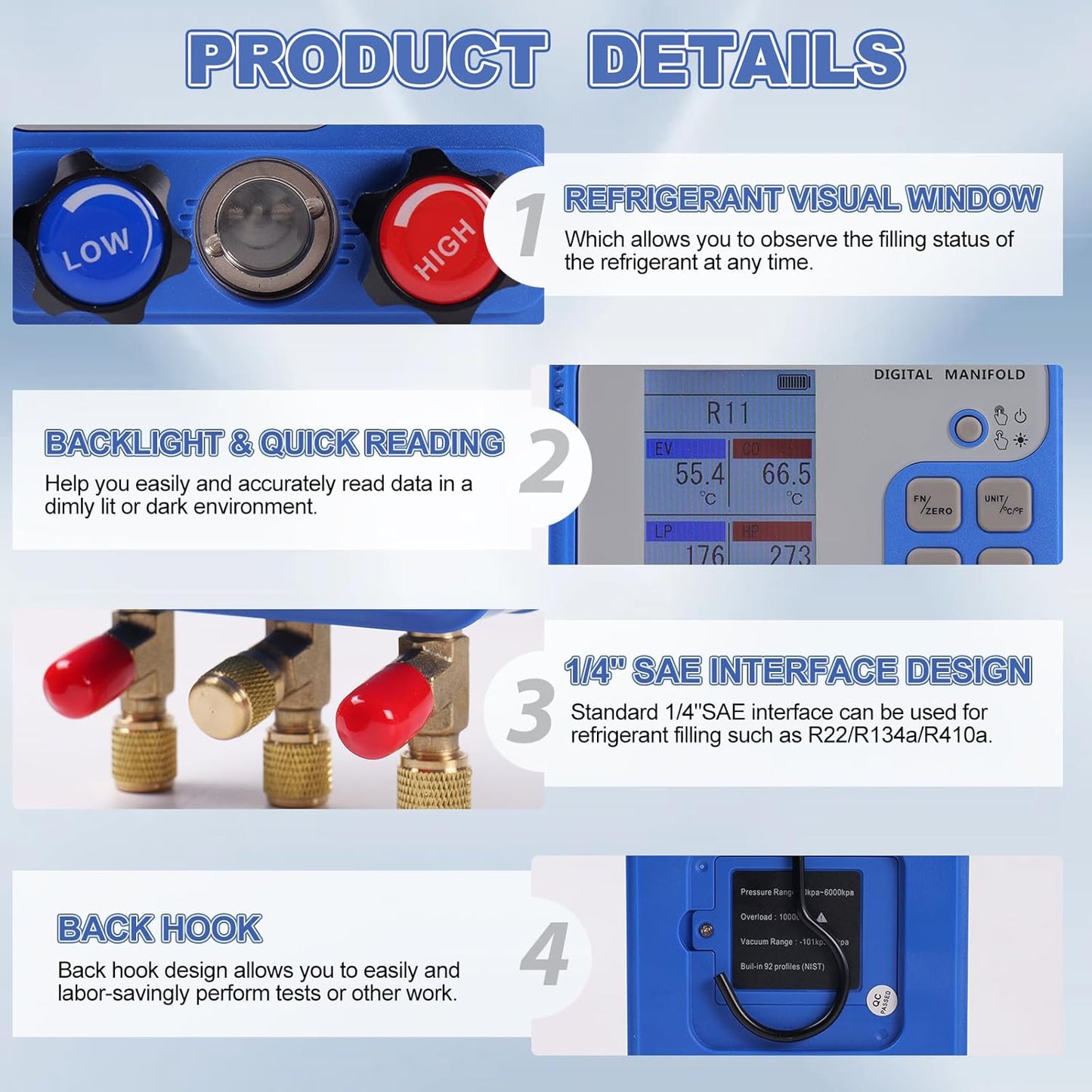 Digital Manifold Gauge Set, HVAC Pressure and Air Tightness Test Gauges, Refrigerant AC Gauges with 3 Hoses, for R22/R410A/R134A Refrigerant Recharge Kit