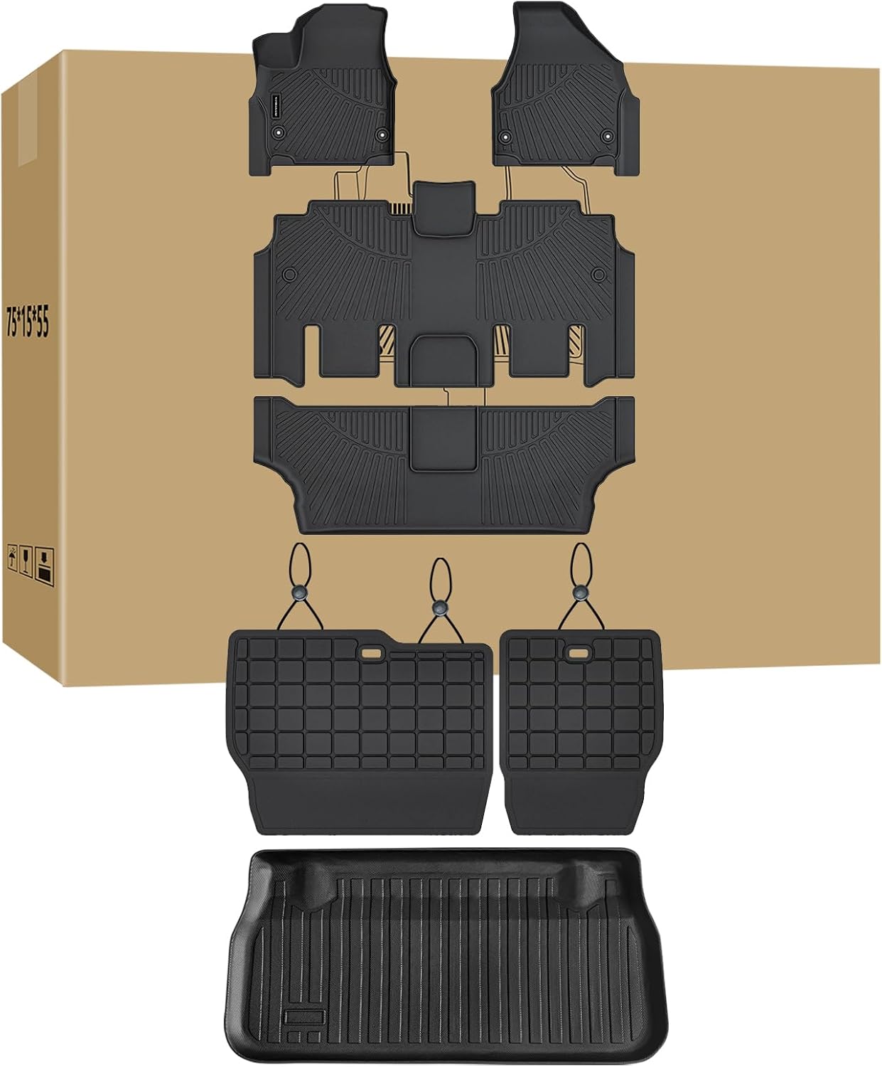 Floor Mats, Trunk Liner & Backrest Mat for 2017-2024 2025 Chrysler Pacifica Gas Touring 7/8 Seat (Non Hybrid & Non Pinnacle) Customized TPE All Weather Car Floor Liners with Backrest Protection Black