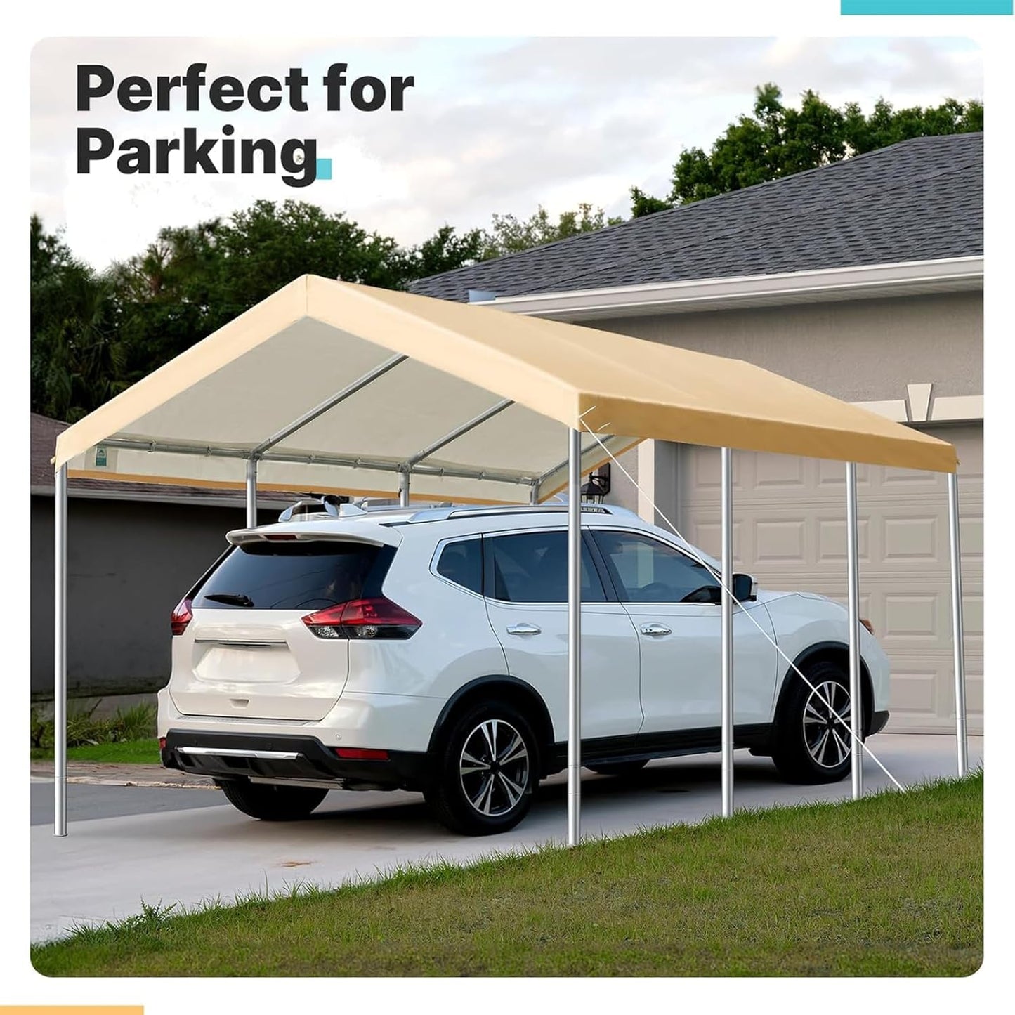 Carport Replacement Canopy Cover for 12' x 20' Car Tent Top Garage Shelter Cover Tarp with Ball Bungees (Only Top Cover, Frame Not Include) (Beige, 12' x 20')