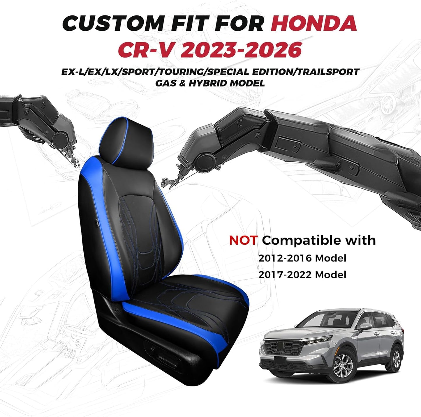 FREESOO Seat Covers for Honda CRV, Custom Fit Seat Covers Full Set, CRV LX EX EX-L Sport Touring Special Edition Trailsport Hybrid & Gas 2023 2024 2025 2026, Leather Waterproof Seat Cover, Black&Blue