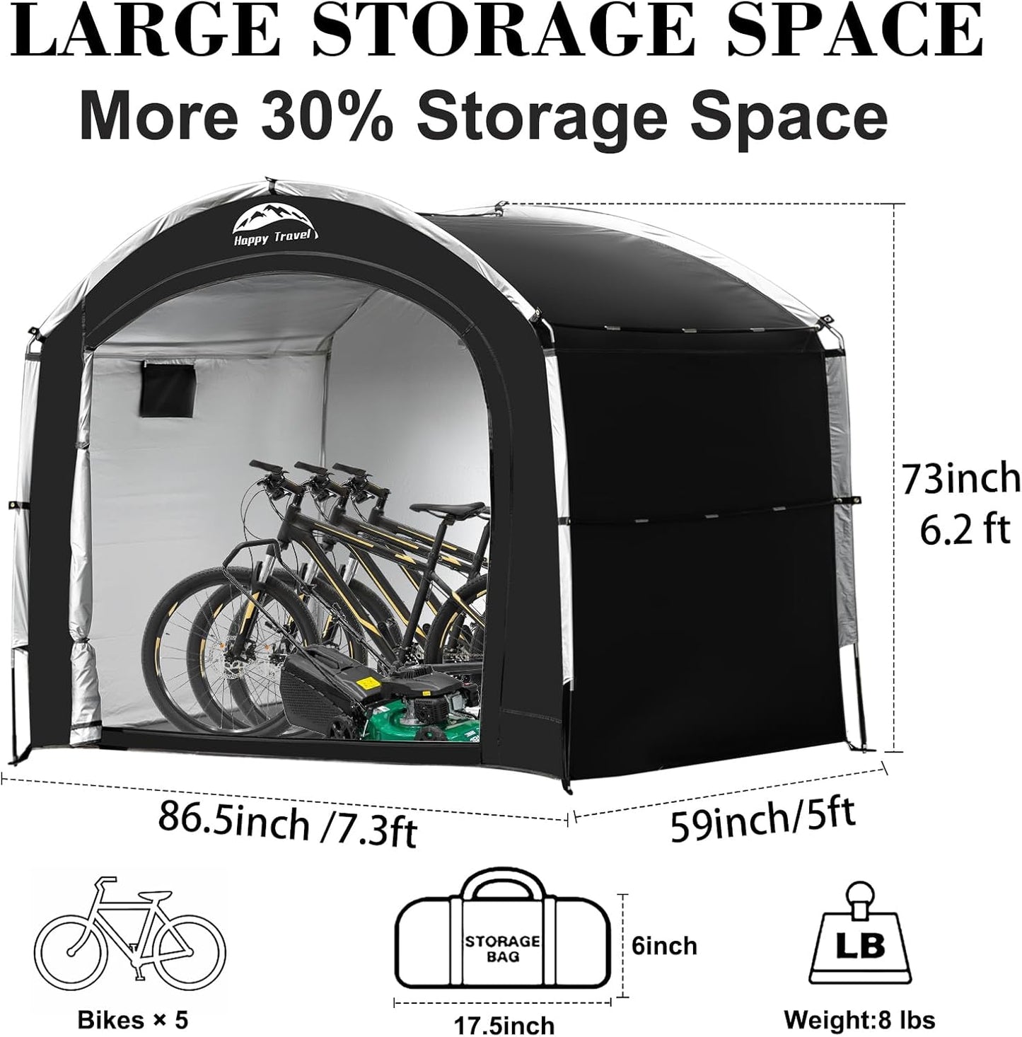 Happy Travel Bike Storage Tent Shed, Outdoor Waterproof Bicycle Covers Shelter with Window for 2/4/6/8 Bikes,Oversized Outside Portable Sheds for Lawn Mower,Garden Tools (Black)
