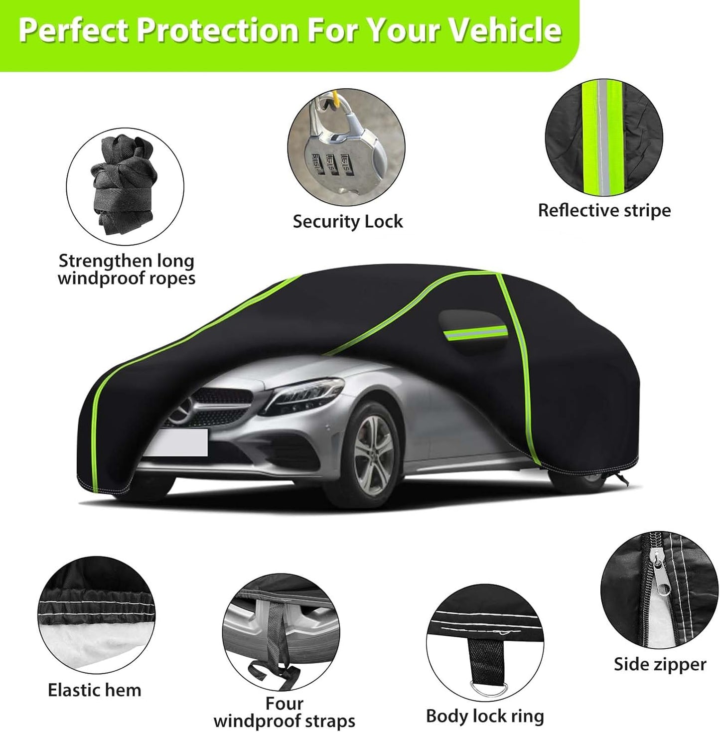Car Cover for 2008-2024 Mercedes Benz C-Class C300 C350 C400 C450 C63 AMG,PEVA Full Car Cover –Adding Cotton Protection, All-Weather UV, Dust, Snow Protection with Door Zipper