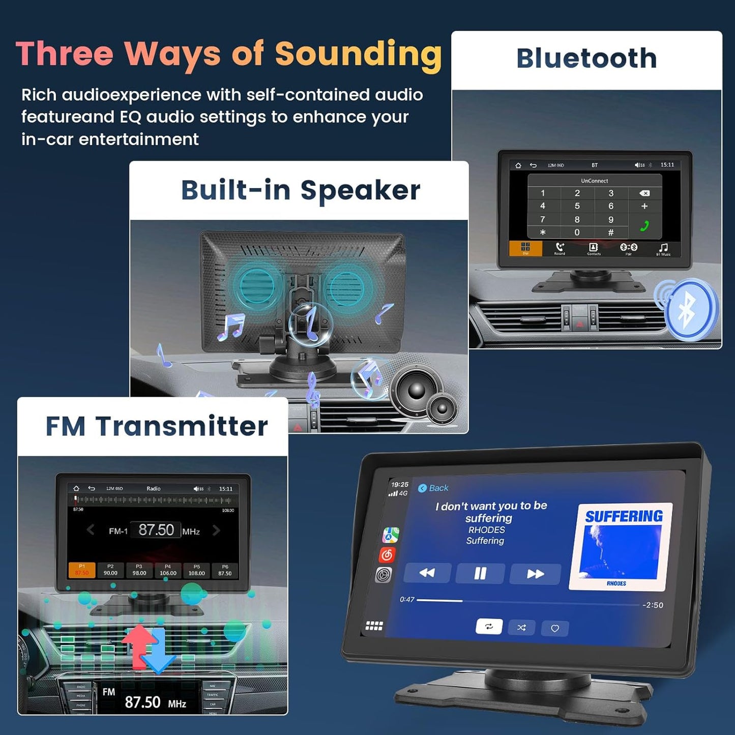 Hikity Wireless Carplay Android Auto Portable Car Stereo 7 Inch Touchscreen Car Screen with Airplay, Voice Control, Bluetooth, FM, USB/TF/Av Input, Dash and Windshield Mount, Backup Camera