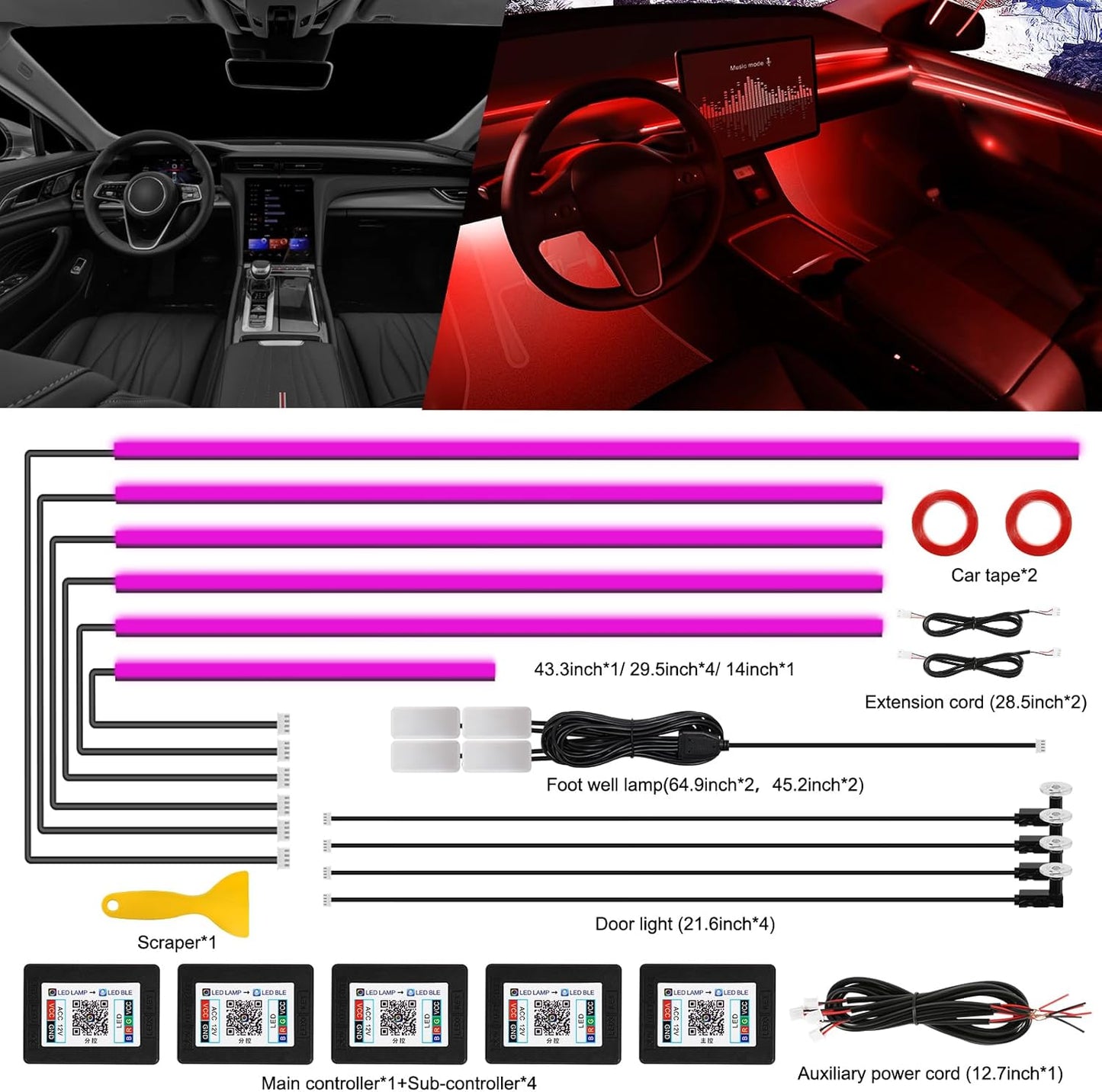Acrylic Interior Car LED Strip Light with Wireless APP, 14 in 1 with 175 inches 593 LEDs Neon LED Strip Light, RGB Colors Dynamic Music Sync Car Ambient Lighting Kits