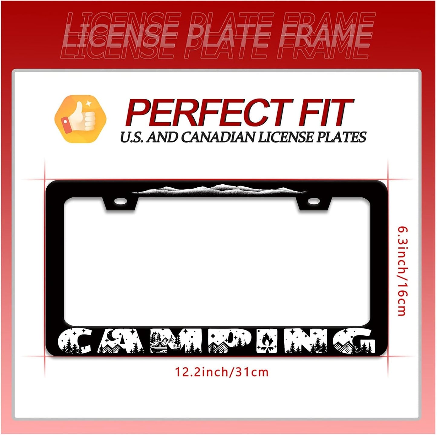 Camping License Plate Frame Mountains License Plate Holder Forest for Car Decorative Parts Stainless Stee License Plate for Standard Us Canada Funny License Plate Frames 12x6 Inch