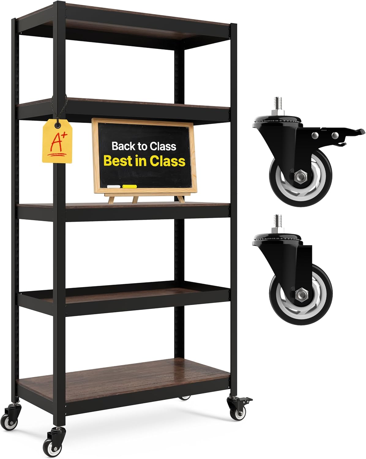 HOMEDANT House 5-Tier Metal Rolling Cart Shelf Rack Casters Heavy Duty Laminated Wheel Shelving Unit Adjustable Utility Storage Shelves Organizer Shelf Kitchen Garage 36.2" W x 16.5" D x 69.5" H 1Pack