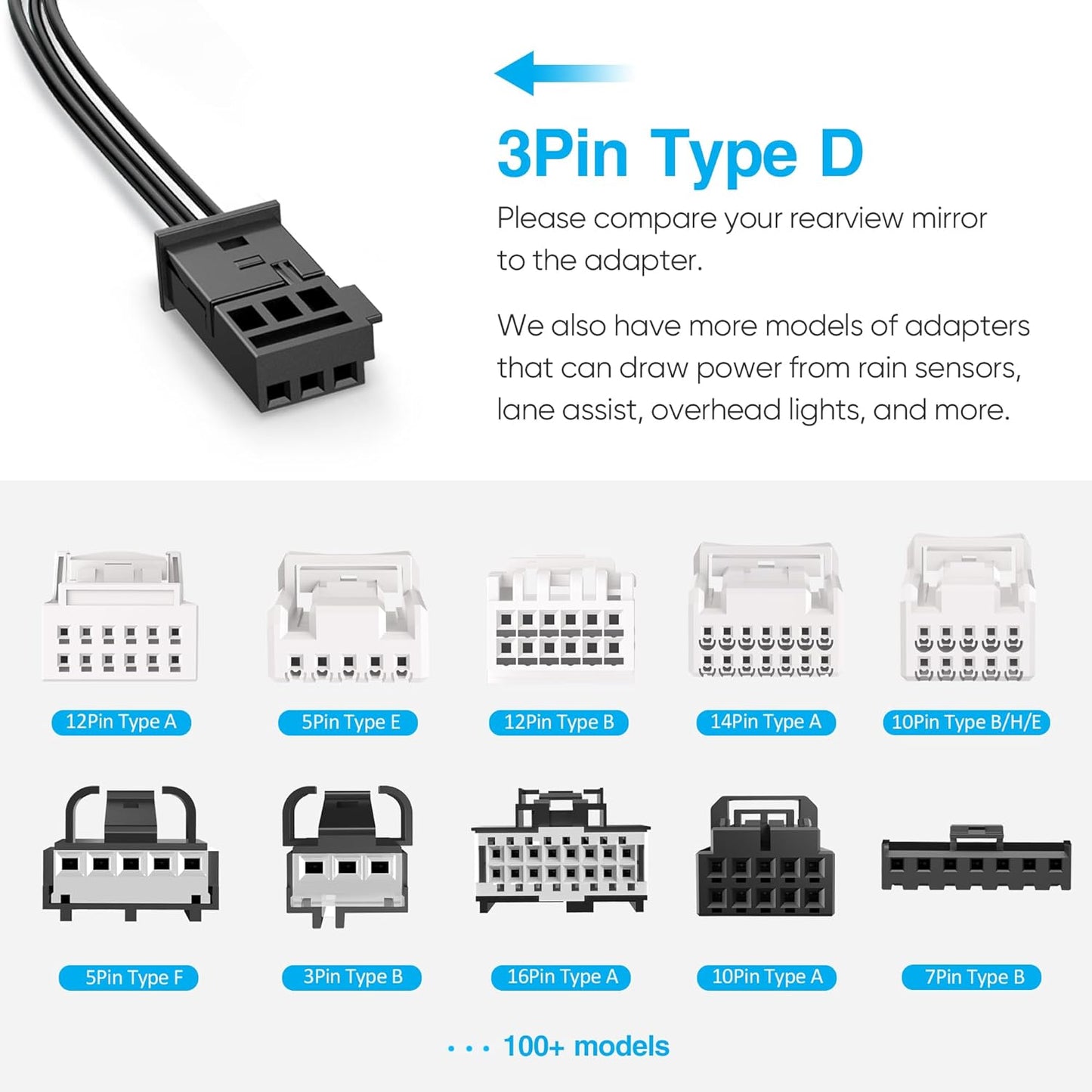 Dash Cam Power Adapter,(3P Type D)Fit Select Ford F150/Mustang/Edge/Ranger/Bronco,Lincoln MKC/MKZ/Aviator/Nautilus/Navigator,Connect Rain Sensor,Power Adapter Charging Cable for GPS Dashcam Camera