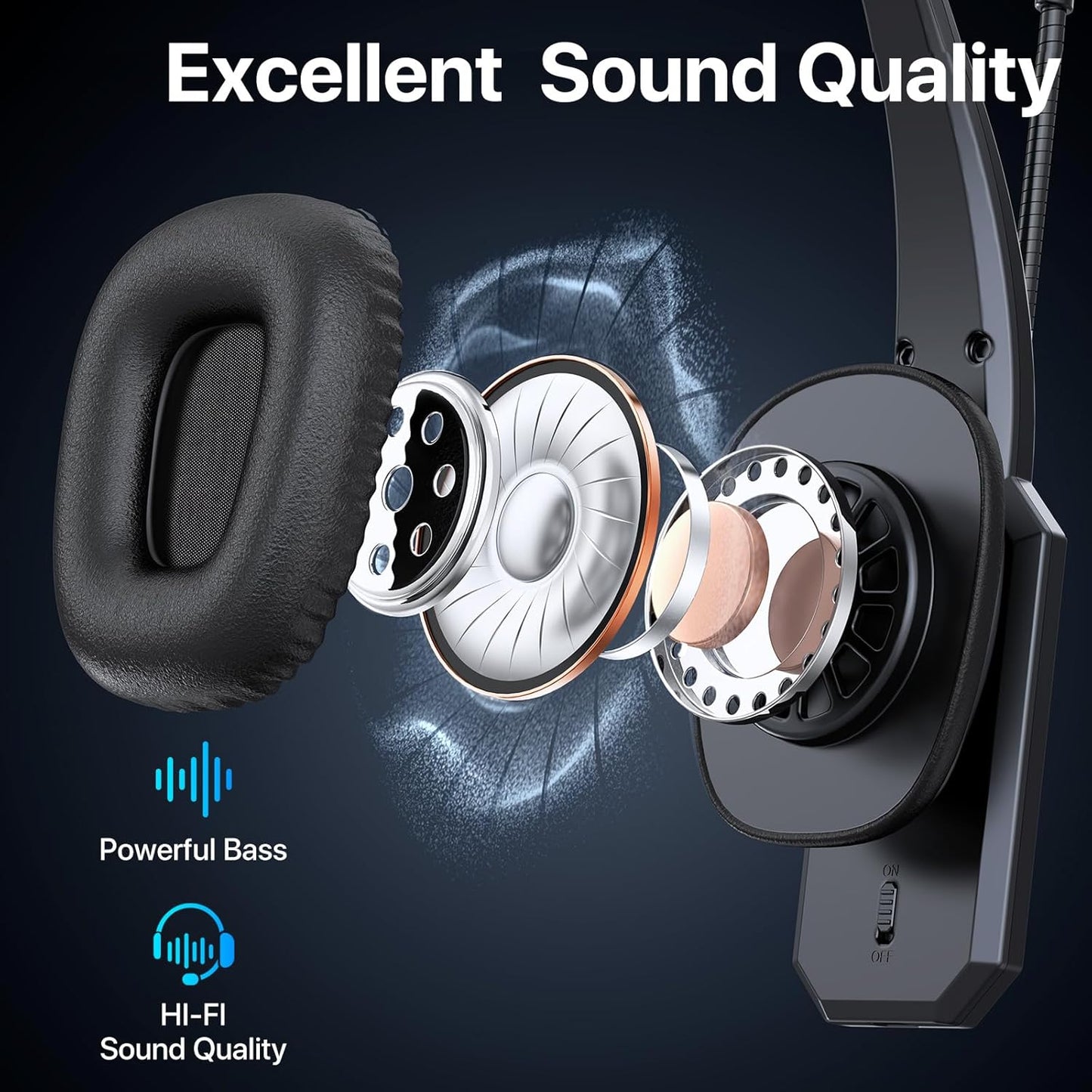 Bluetooth Headset, Trucker Bluetooth Headset with Noise Cancelling Microphone & Mute Button, 60Hrs Working Time, Wireless On-Ear Headphones with Mic for Work/Cellphone/Laptop/Office - Black