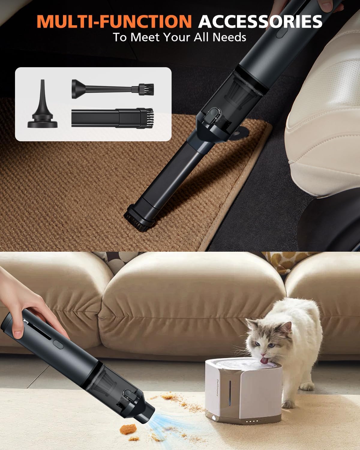 Car Vacuum Portable with 16000Pa Powerful Suction, Handheld Vacuum Cordless Rechargeable Blow & Suction 4 in 1, Small Vacuum Cleaner for Car, Home, Office, Outdoor (Grey)