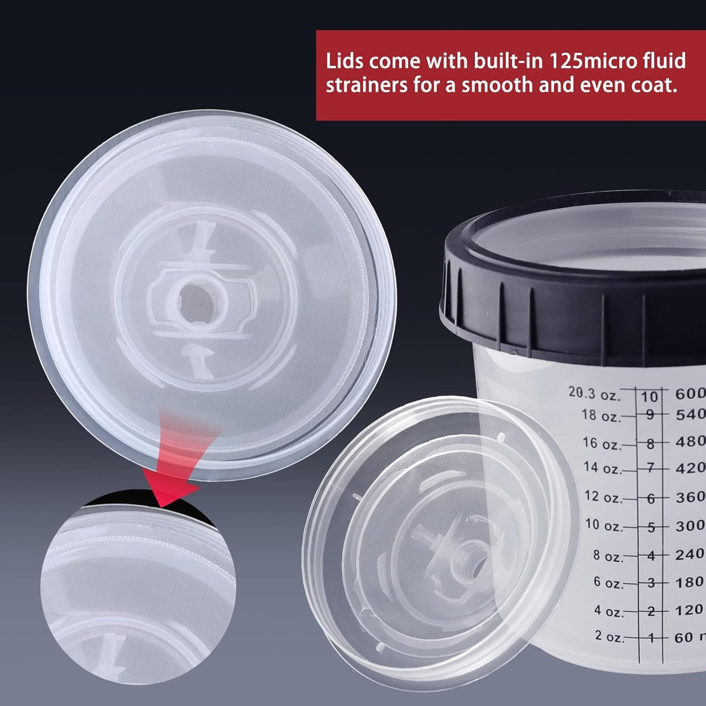 Disposable Paint Mixing Cup 20 Ounce (600ml) Kit,HVLP Paint Sprayer Gun Mixing Cups with 50 Cups and Lids System, 10 Plugs and 1 Hard Cup with Retainer Ring, 2 Cup Adapter,Paint Stirrer (50)