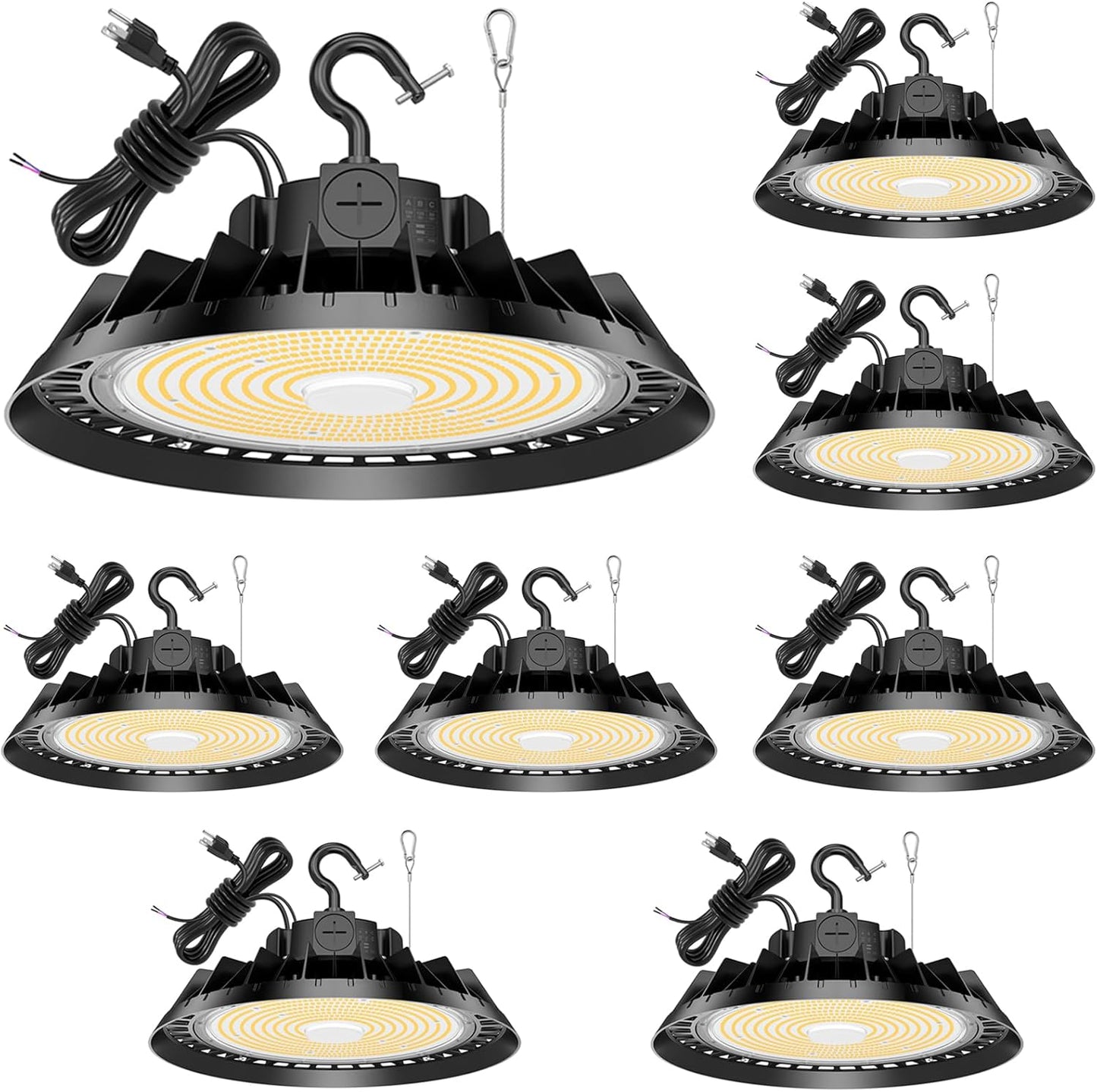 8Pack LED High Bay Lights, 150W UFO High Bay LED Shop Lights, 22500LM Adjustable CCT(5700K 5000K 4500K) & Power(150W 120W 80W), 0-10V Dimmable, 5' Cable Plug, IP65 Waterproof, ETL & DLC Listed