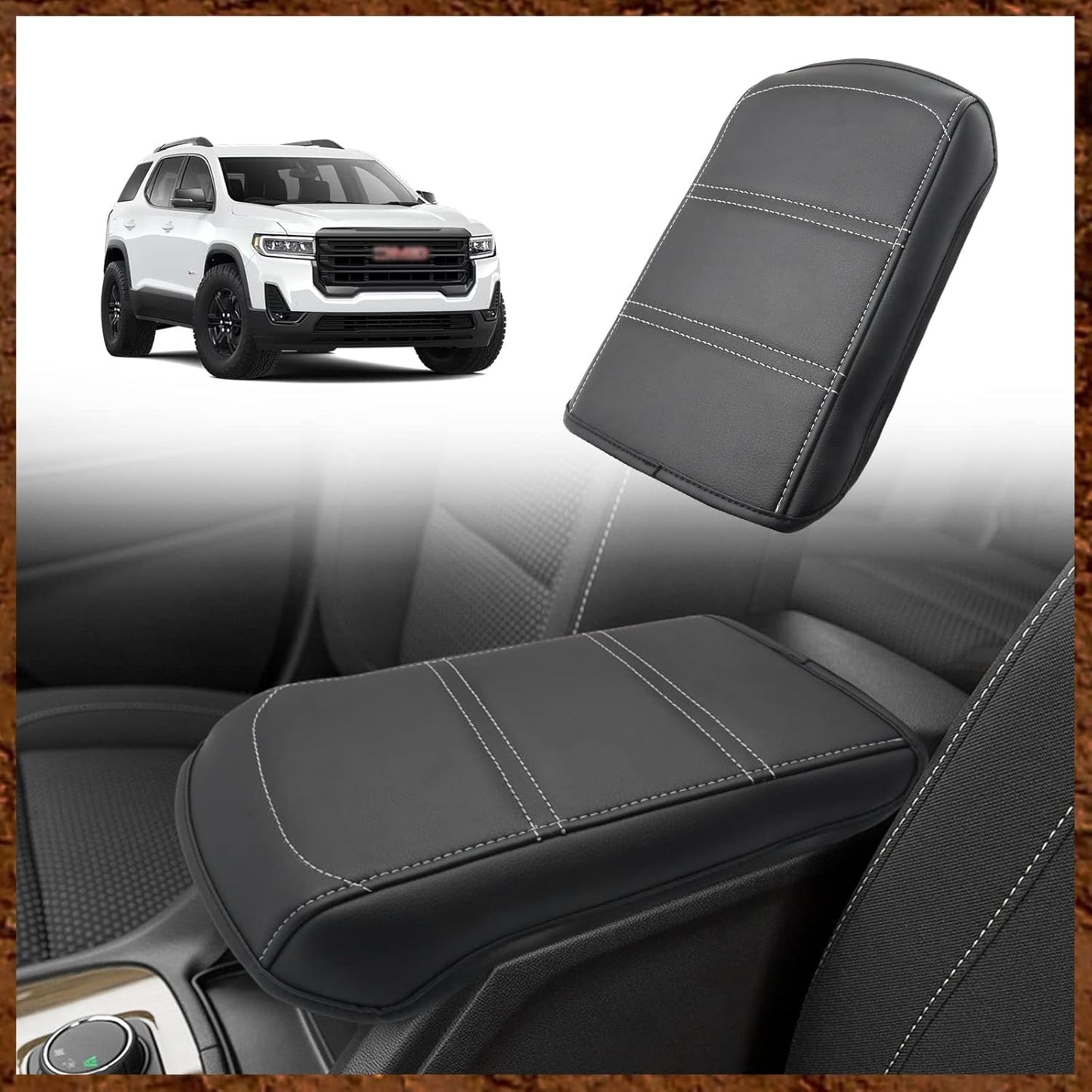 Muslogy for Acadia 2017-2023 Center Console Pad Armrest Cover Vegan Leather Cushion Pad Accessories Armrest Lid Protector Extra Soft Compatible with GMC Acadia 2023 2022-2017 (Black/White Trim)