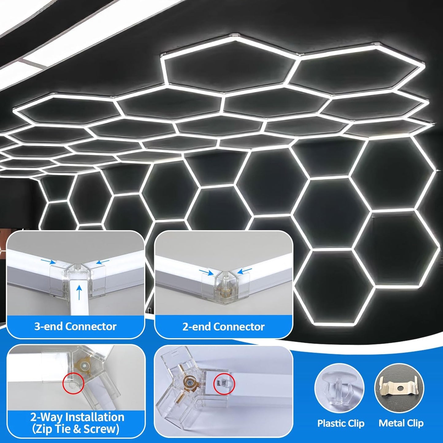 tewei Hexagon LED Garage Light, 6 Grids Hexagon Car Detailing Lighting Fixture 6500K Daylight White LED Shop Light, 265W, 26500LM Super Bright Ceiling Lights for Workshop, Warehouse, Gym, Basement