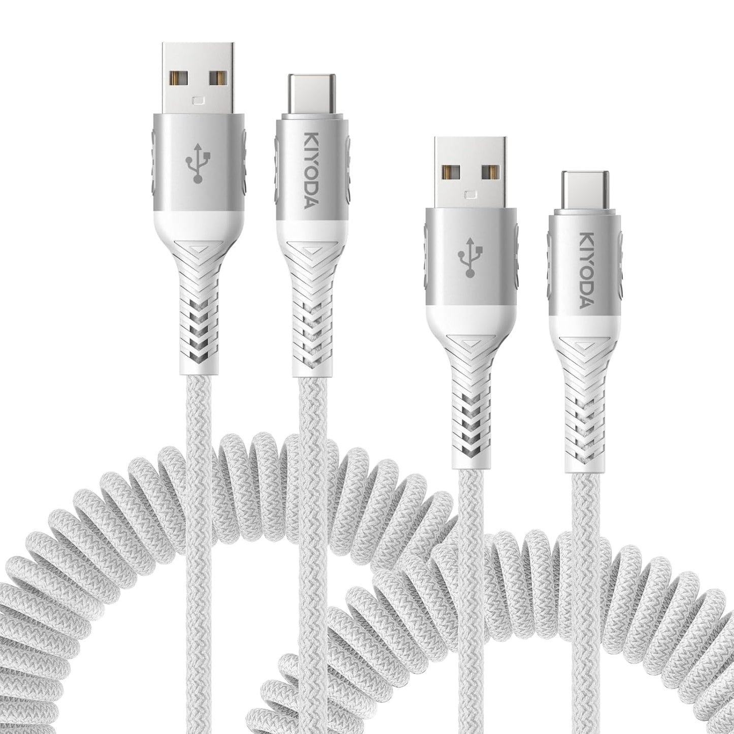Coiled USB to USB C Cable for Car 3FT/6FT, USBC Cables Fast Charging Braided USB-A to USB-C Phone Charger Cord USB Type C Cable for iPhone 16 15 Pro Max, Samsung Galaxy S24 S23 and More-2Pack Silver
