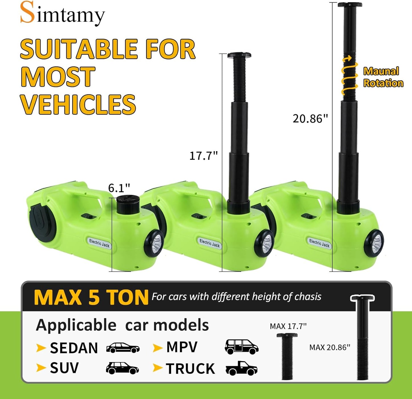 Electric Car Jack Kit 5Ton 12V Car Jack Hydraulic (Lifting Range: 6.1-20.86 inch) with Impact Wrench & Inflator for SUV MPV Sedan Truck with LCD Tire Pressure Display