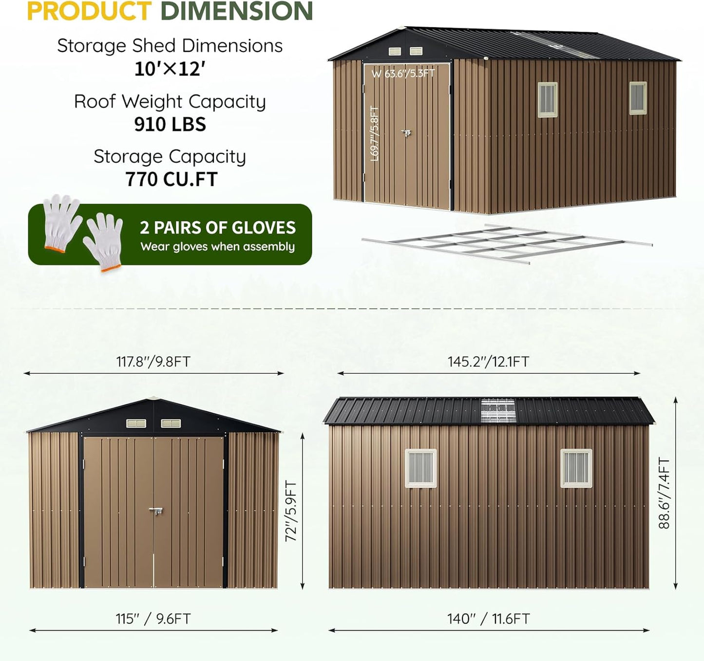 Breezz Outdoor Storage Shed 10 x 12 ft. Utility Tool Shed Metal Storage Garden Shed with Lockable Doors & Windows for Patio Storage,Brown