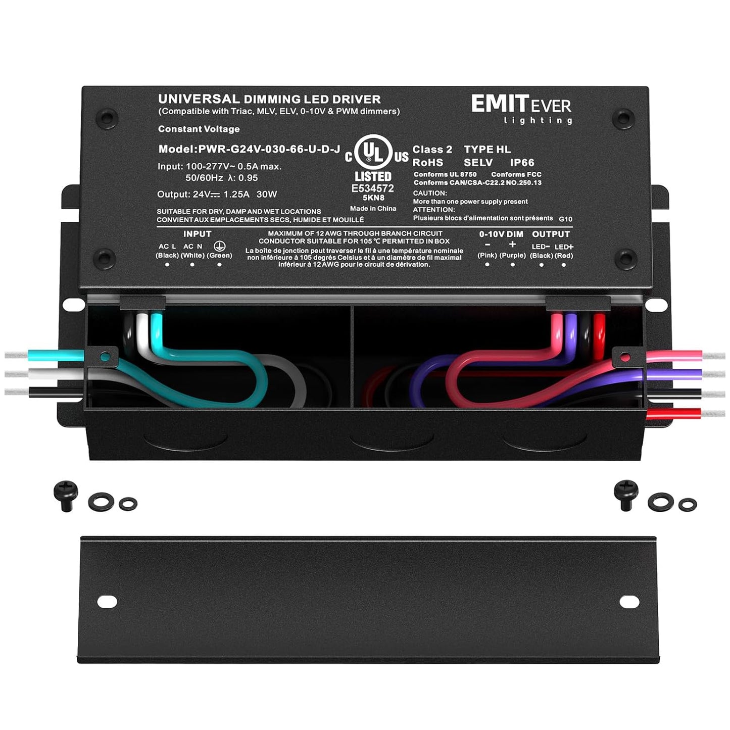 EMITEVER Dimmable Led Driver, 2 Packs 30W AC 110V-277V to DC 24V Transformer, 5-in-1 Dimming: ELV/MLV/TRIAC / 0-10V / 1-10V / 10V PWM/Potentiometer, Waterproof IP67 and UL Listed