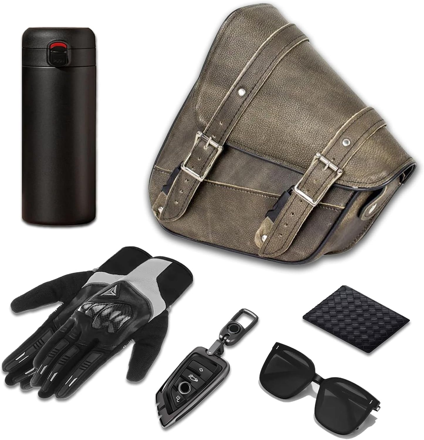 GARGOYLE BELLS Premium Naked Leather Swing Arm Bag For Motorcycle Left Side Solo Bags Saddle Bags For Softails Choppers (Style-1, Brown)