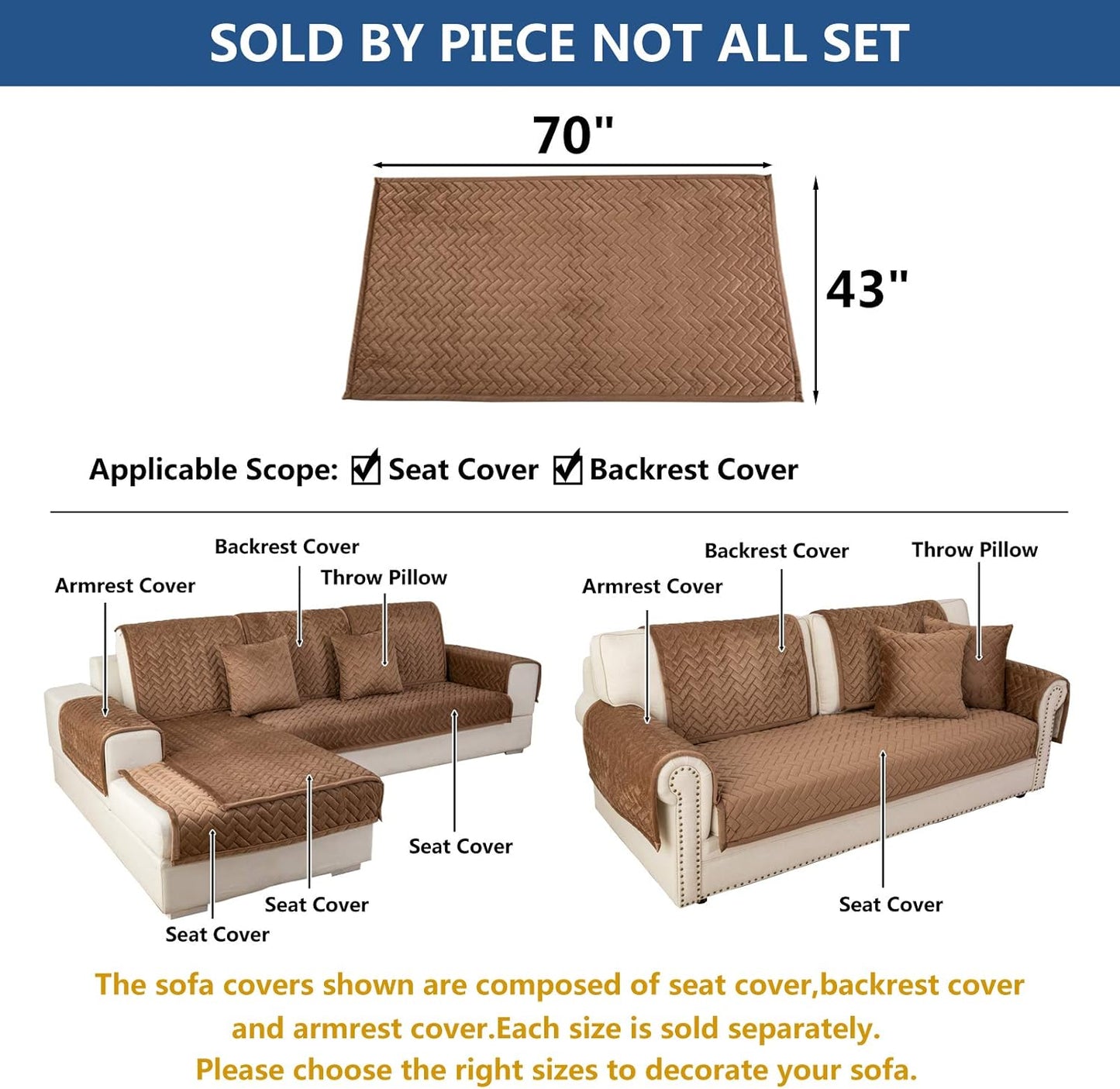 Eismodra Couch Cover,Sectional Couch Covers,Sofa Covers for 3 Cushion Couch,Anti-Slip Sofa Slipcovers for Dogs Cats Kids Loveseat Recliner L Shaped Armrest Backrest,Brown 43''x70''(Only 1 Piece)