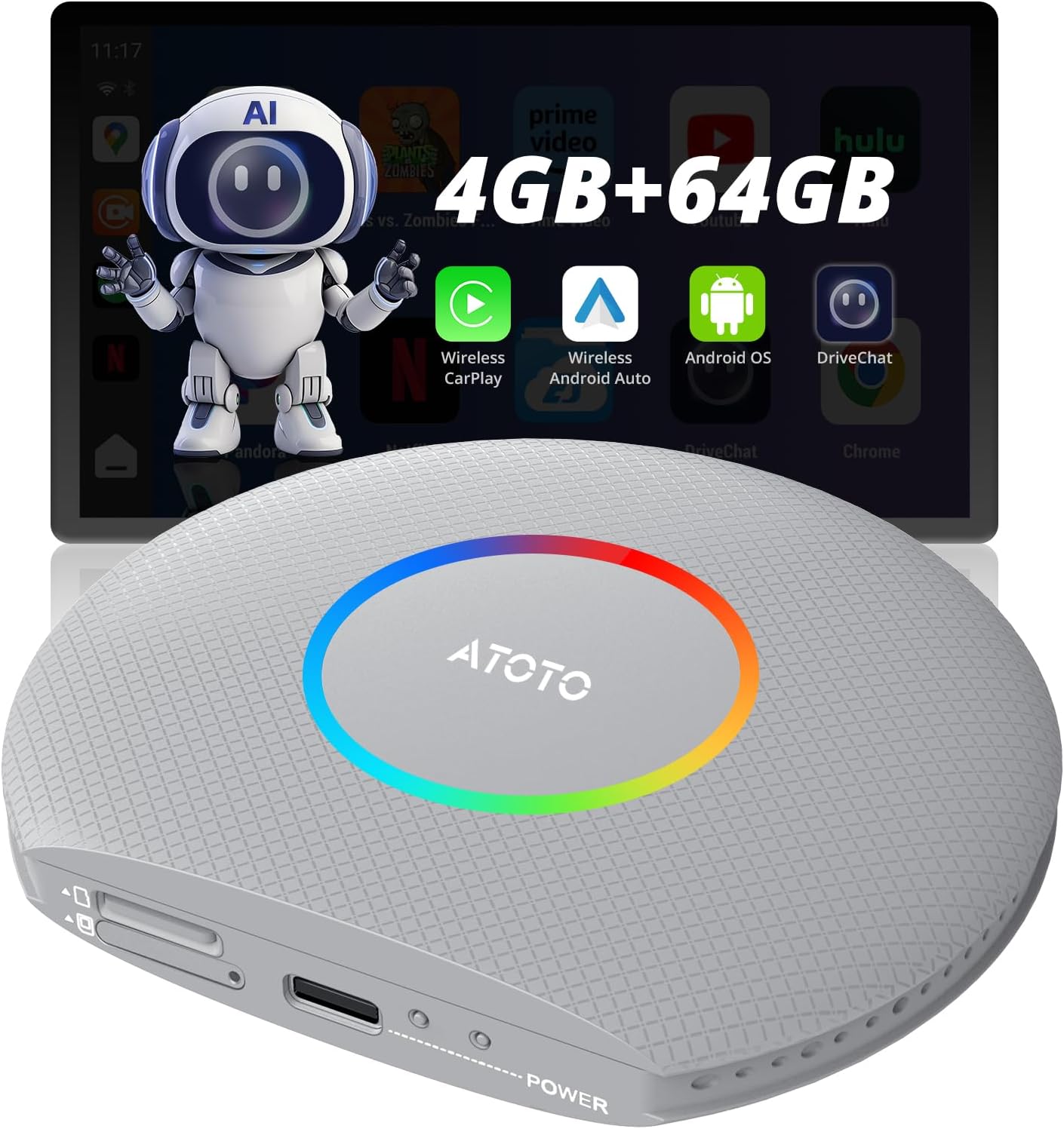 CB6 CarPlay AI Box & Android AI Box, Wireless CarPlay/AndroidAuto Adapter, Plug & Play CarWave Car Smart Box with AI DriveChat, GPS Track, Android 13, 2 BT, 4G LTE, 4G+64G, Silver