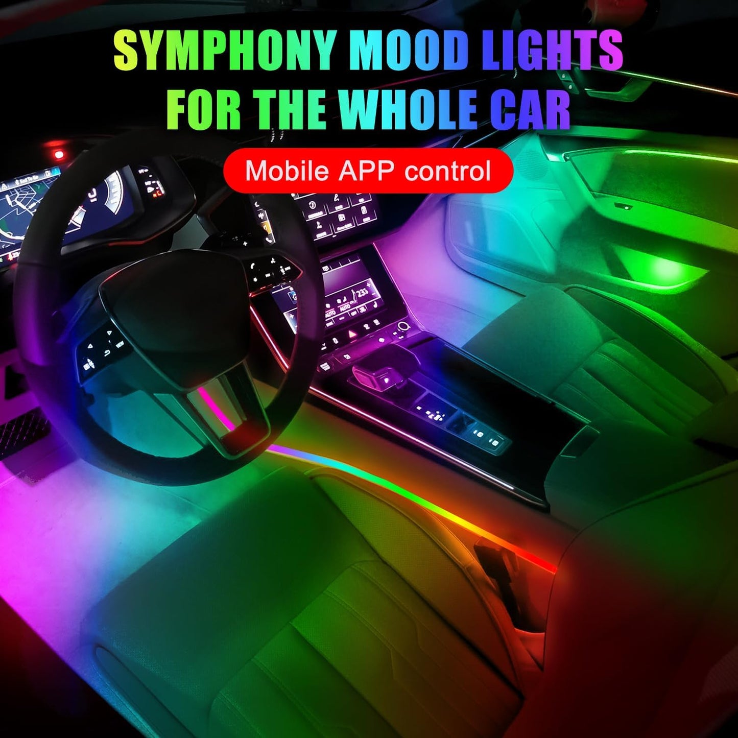 Dreamcolor Acrylic Interior Car Lights, 2 Piece 43.3inch/110cm 128 Colorful Car LED Strip Light RGB Fiber Optic Rainbow Ambient Lighting bar, Universal Decoration Dynamic Atmosphere Neon Lights