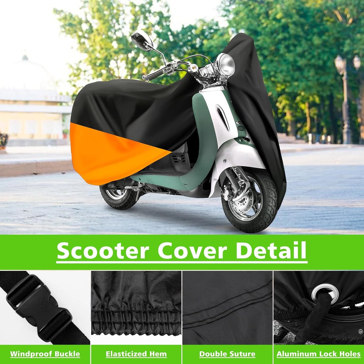 COVERVIN Scooter Outdoor Waterproof Cover, Moped Cover Vespa Cover for Honda Ruckus Yamaha 60″ Long (XS, Black Orange)