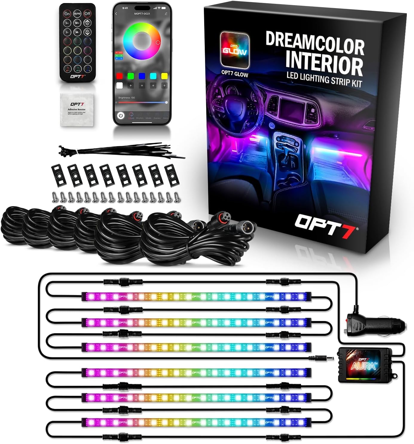 OPT7 Aura DreamColor RGB-IC Car Interior Ambient Light, 6PC Single Row LED Strips, Color Chasing Light Kit w/APP & Remote Control, Universal for Vehicles SUV Truck Pickup Van