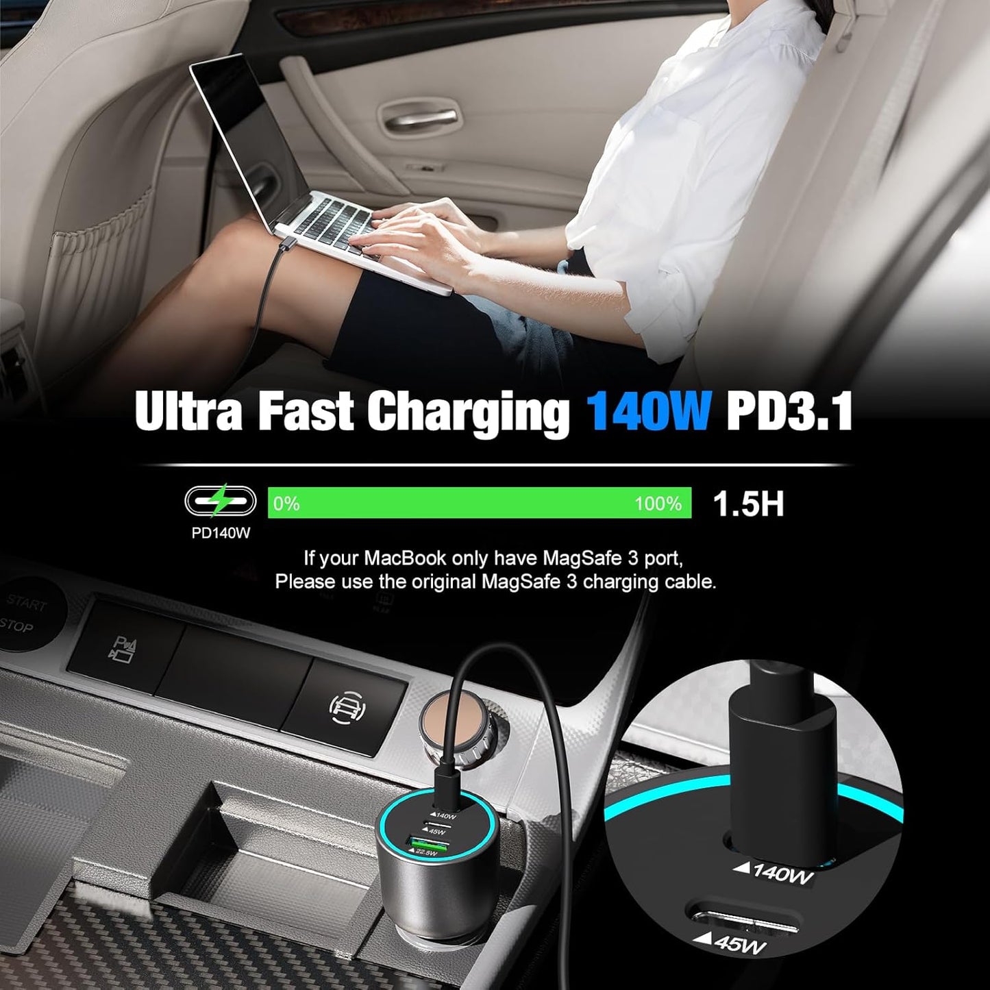 140W USB C Car Charger, Super Fast Charging for iPhone 16 Pro Max/MacBook Pro/Air/Samsung S25, Drone, PD3.1&PPS 45W Type C Cigarette Lighter Adapter, Laptop Car Charger with a 100W E-Mark Cord