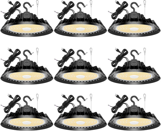 9Pack LED High Bay Lights, 200W UFO High Bay LED Shop Lights, 30000LM Adjustable CCT(5700K 5000K 4500K) & Power(200W 150W 100W), 0-10V Dimmable, 5' Cable Plug, IP65 Waterproof, ETL & DLC Listed